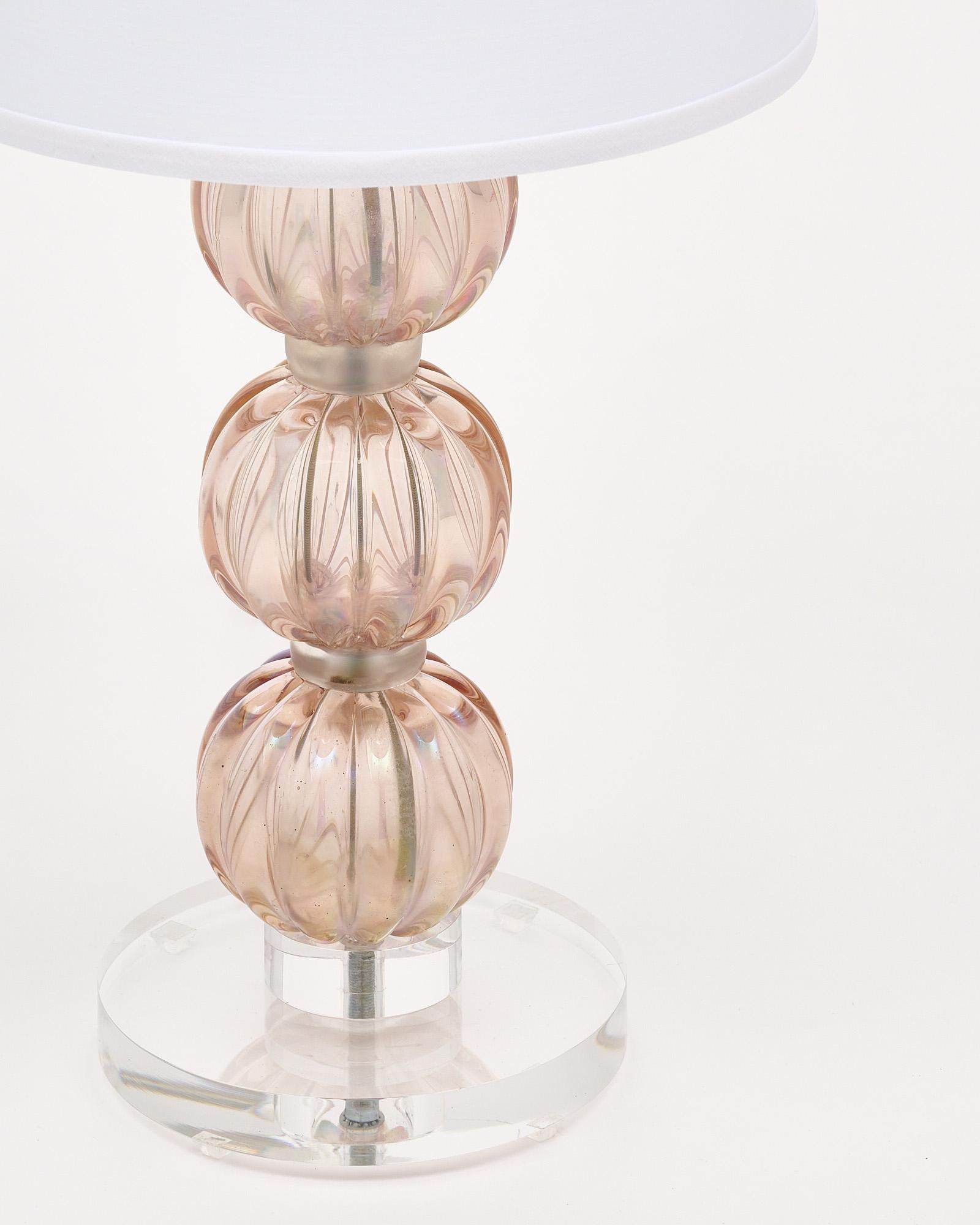 Mid-Century Modern Single Iridescent Pink Murano Glass Lamp with Lucite Base For Sale