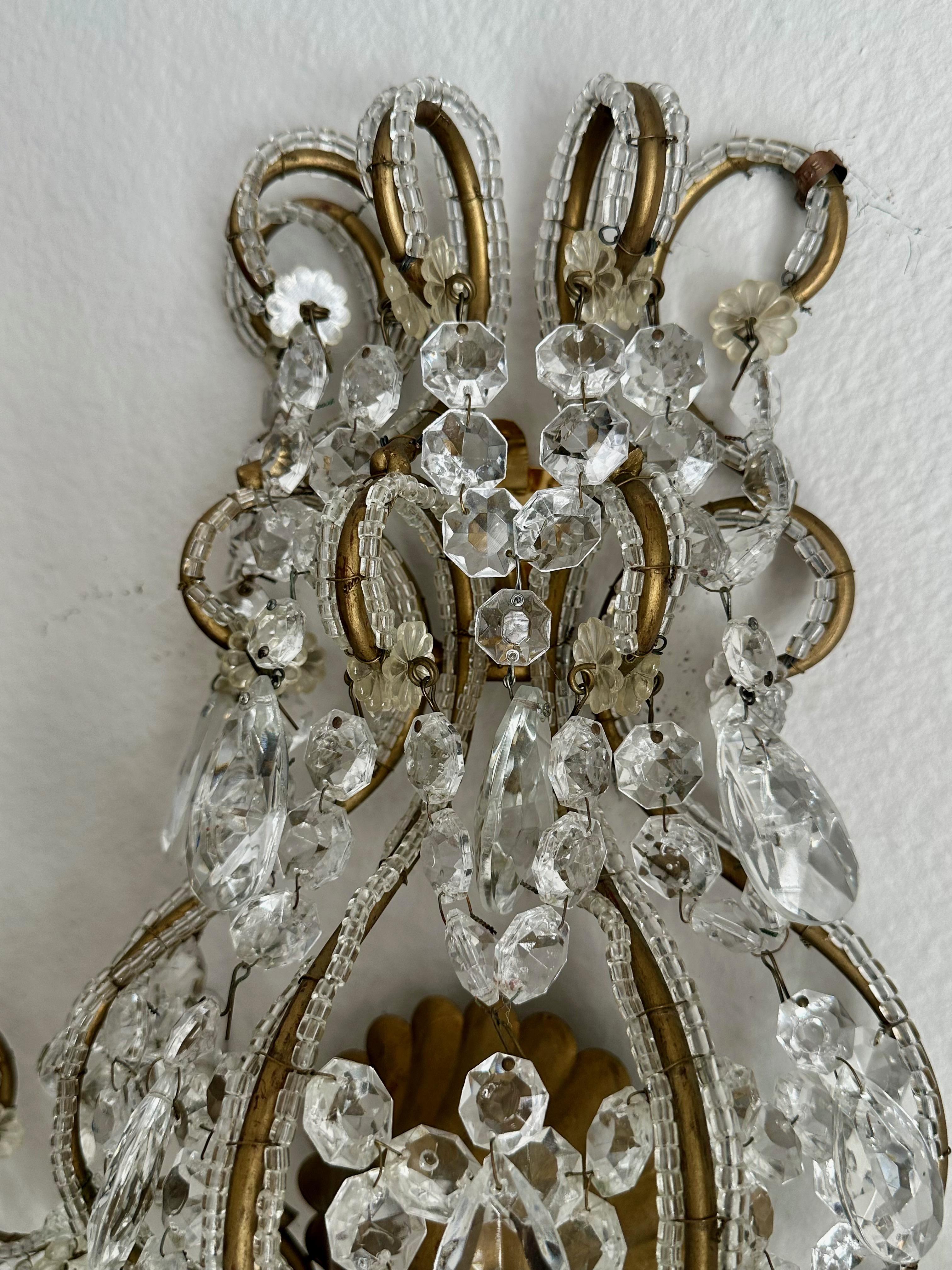 Single Italian Beaded Crystal Brass Wall Light Sconce For Sale 5