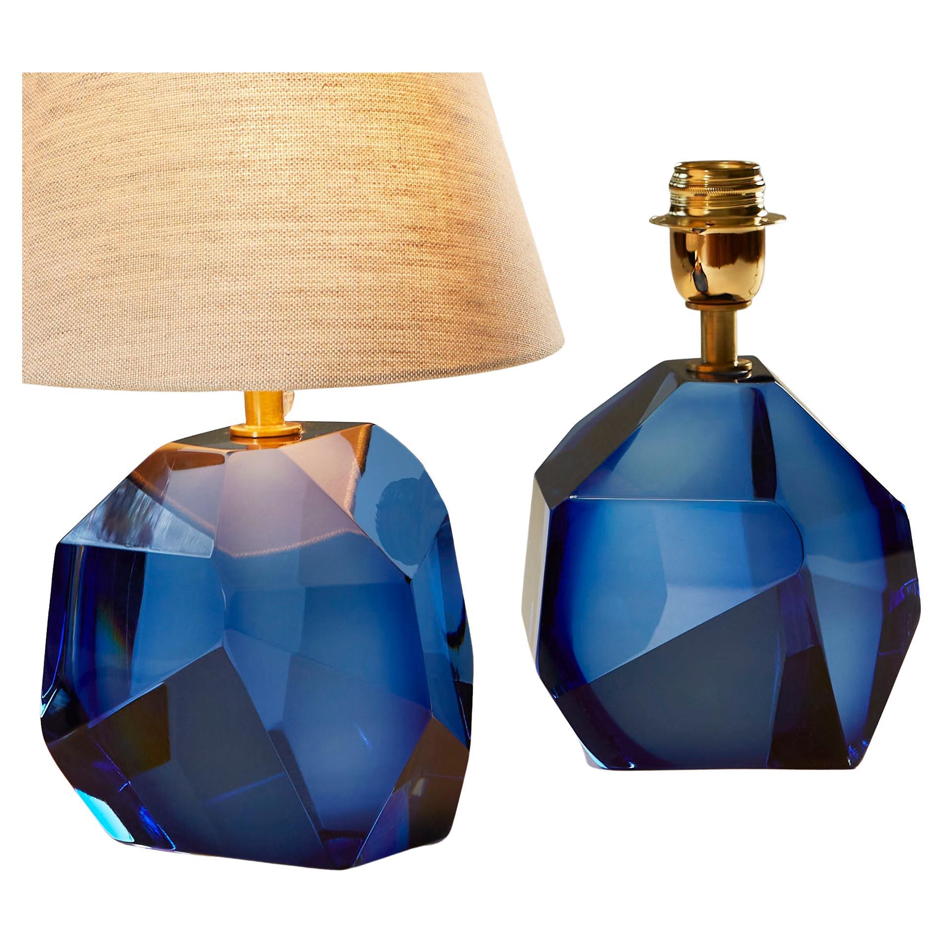 Contemporary hand-crafted and hand-polished pair of heavy solid Murano 'rock' lamp with brass fitting in Egyptian blue. Includes US hand dimmer switch. Signed 'Murano'.  

12-16 week lead-time if not in stock. 4 available now

Due to the handmade
