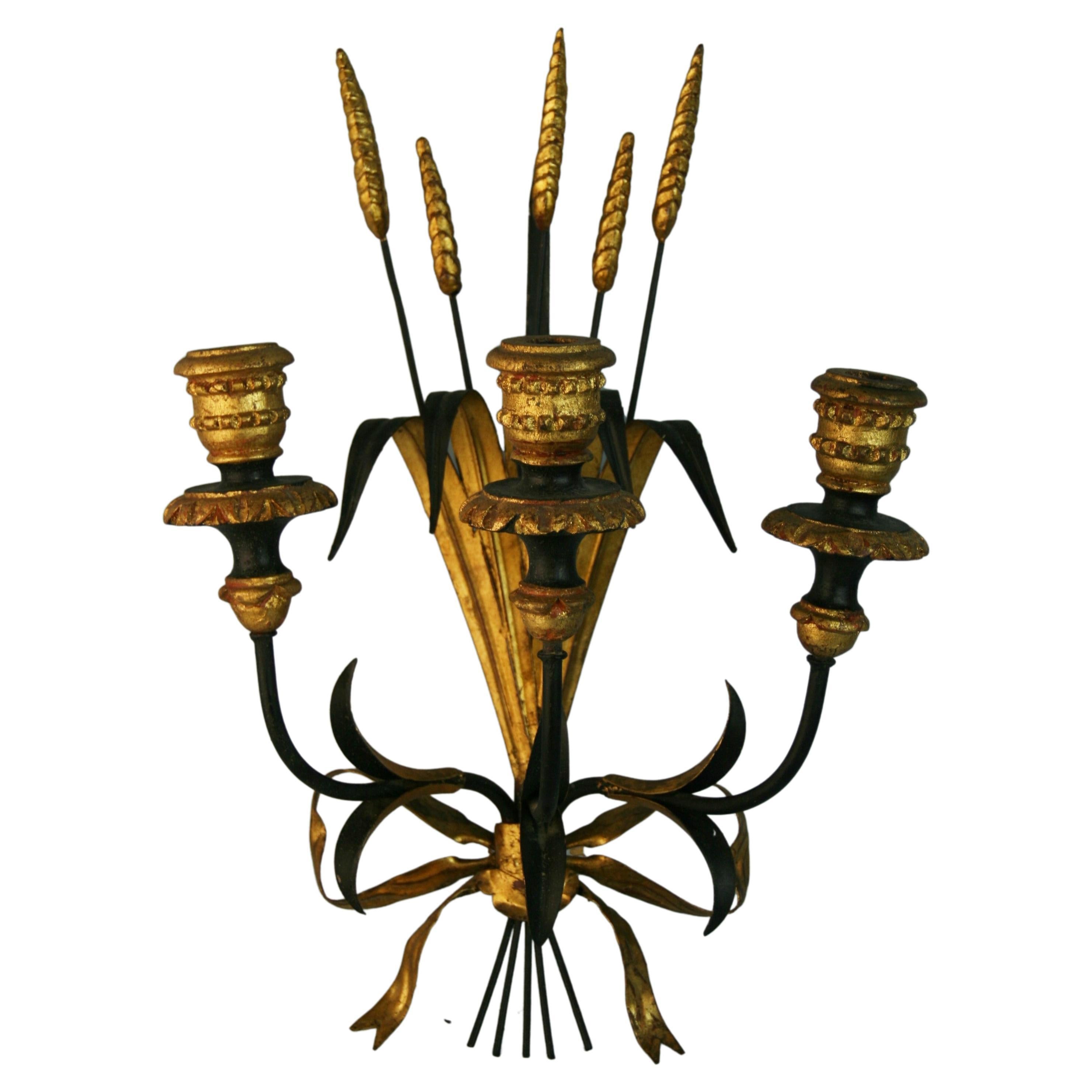 Single Italian Leaf and Wheat Gilt Wood Candle Sconce For Sale