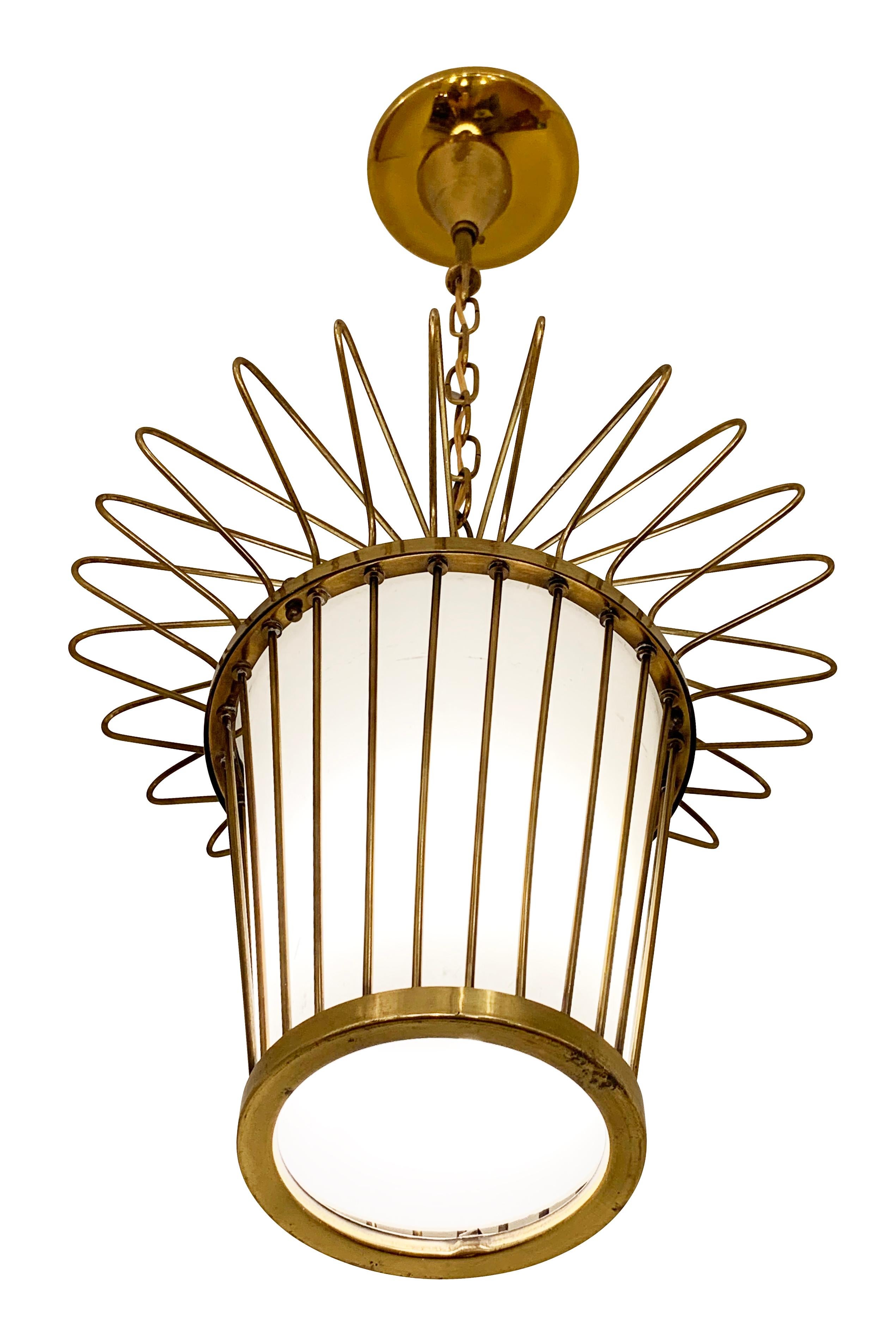 Italian midcentury caged pendant with a tapering frosted glass and brass framing.

Condition: Excellent vintage condition, minor wear consistent with age and use.

Diameter: 9”

Height: 28” (Adjustable).


