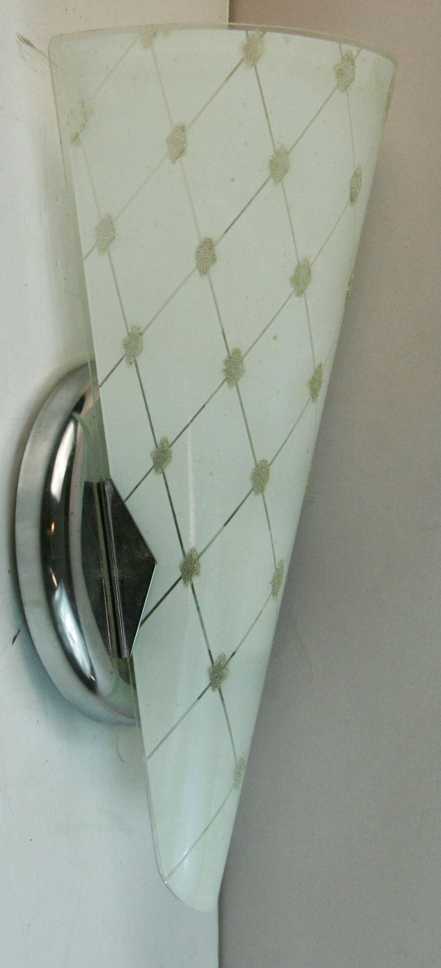 Brass Single Italian Mid Century  Frosted Glass Leaf Sconces For Sale