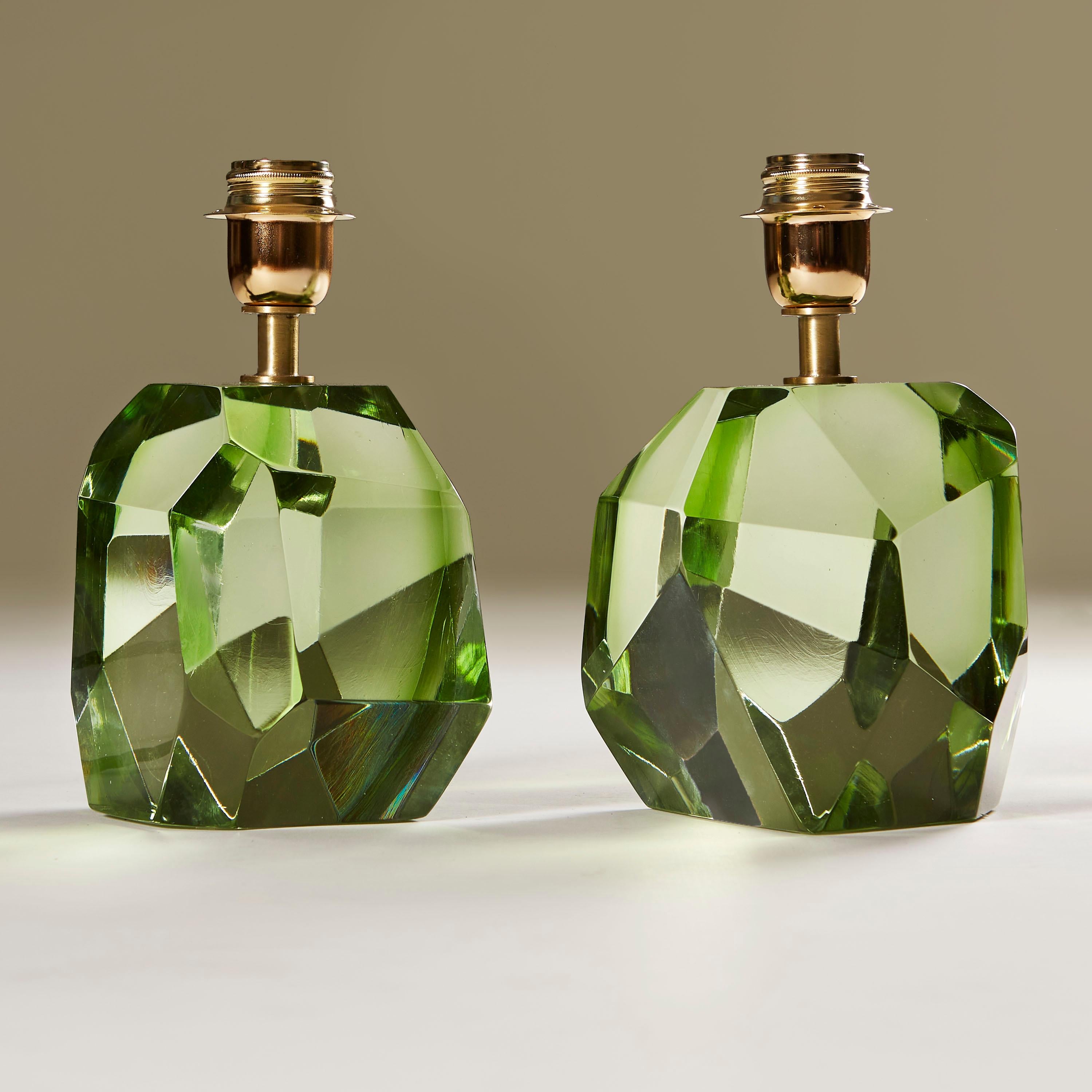 Faceted Single Italian Murano Pale Green Rock Jewel Table Lamp For Sale
