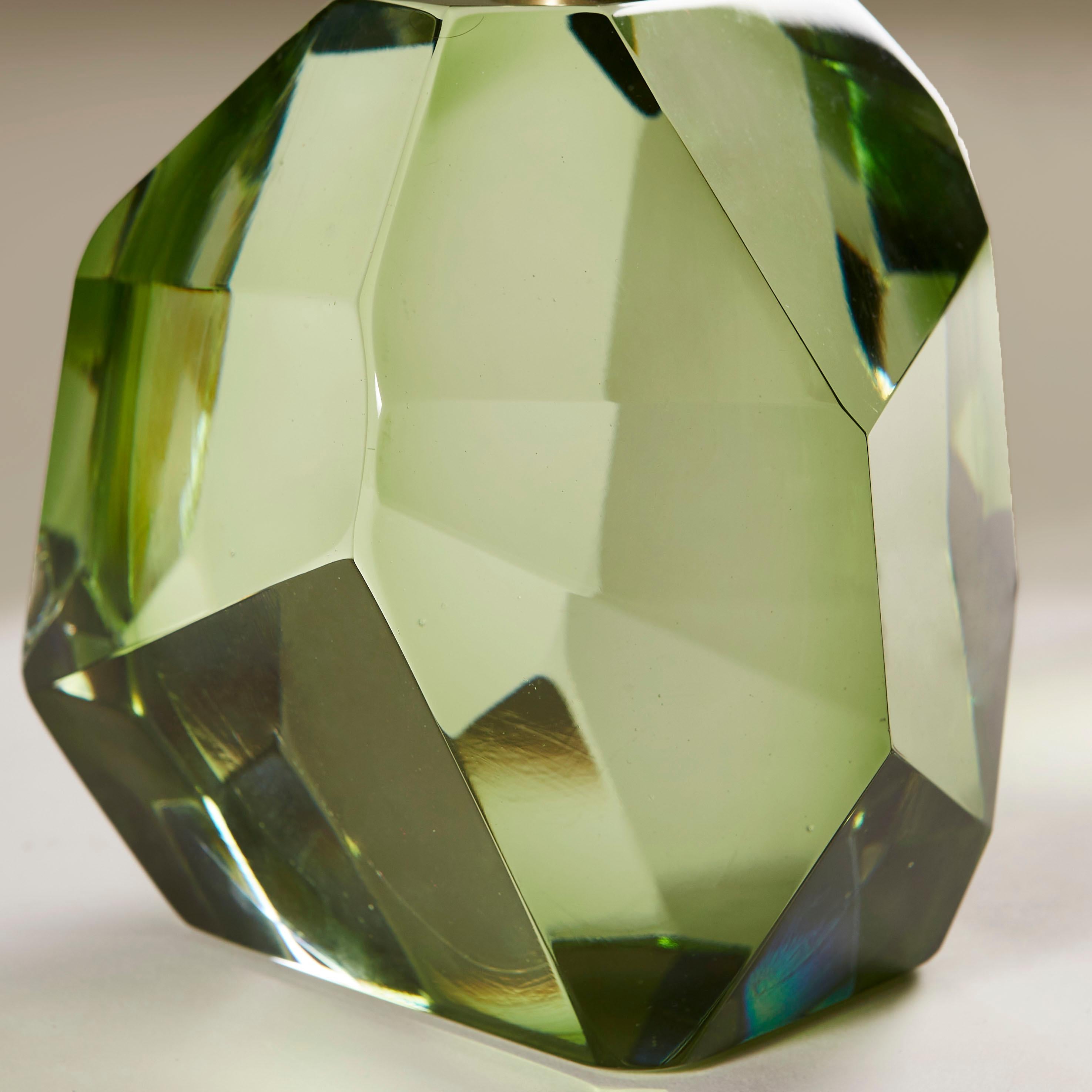 Contemporary handcrafted and hand-polished heavy solid Murano rock jewel lamps in pale green. Brass fitting.

Signed 'Murano'.

12 week lead-time if not in stock.

Due to the handmade nature of these lights slight variations in colour can occur. We