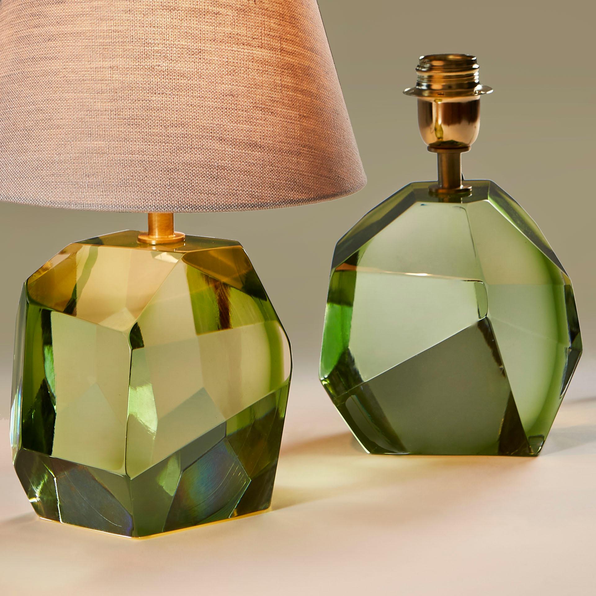 Brass Single Italian Murano Pale Green Rock Jewel Table Lamp For Sale