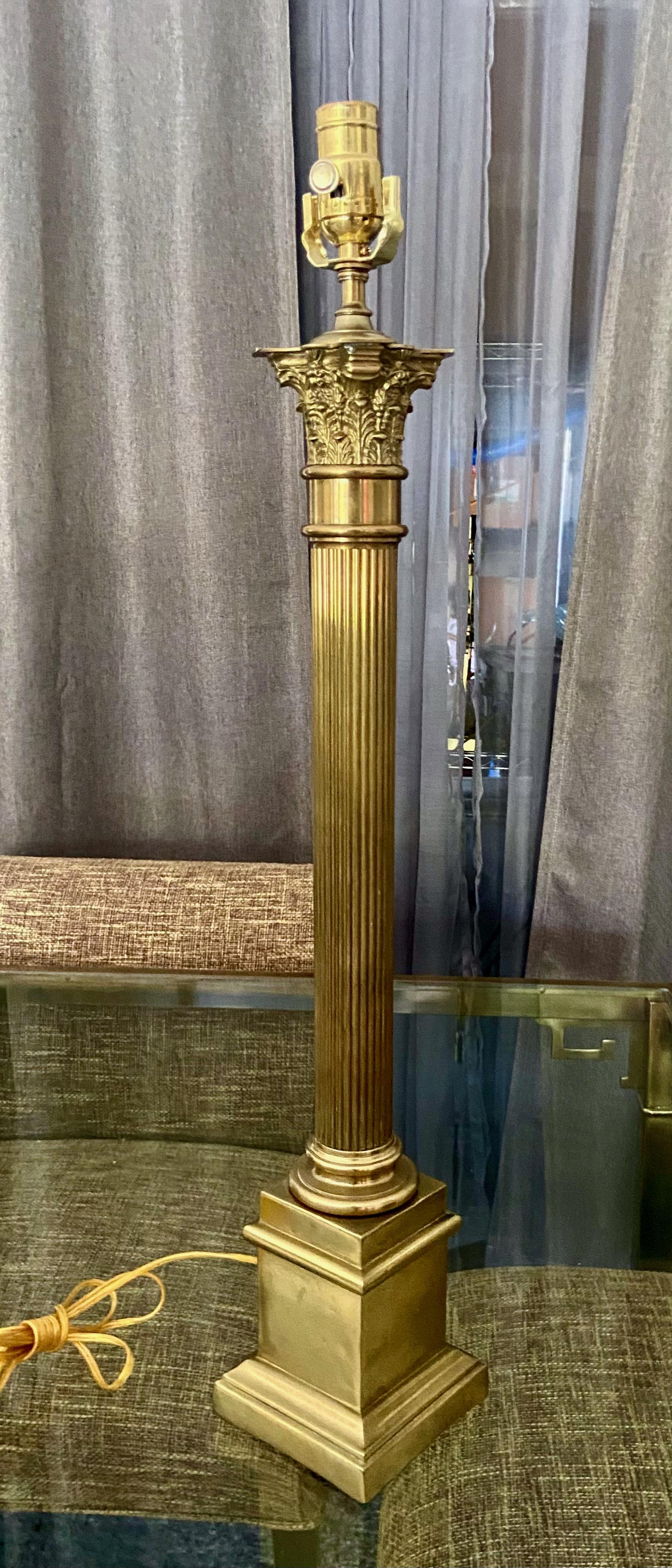 Single Italian Neoclassic Column Brass Table Lamp 7