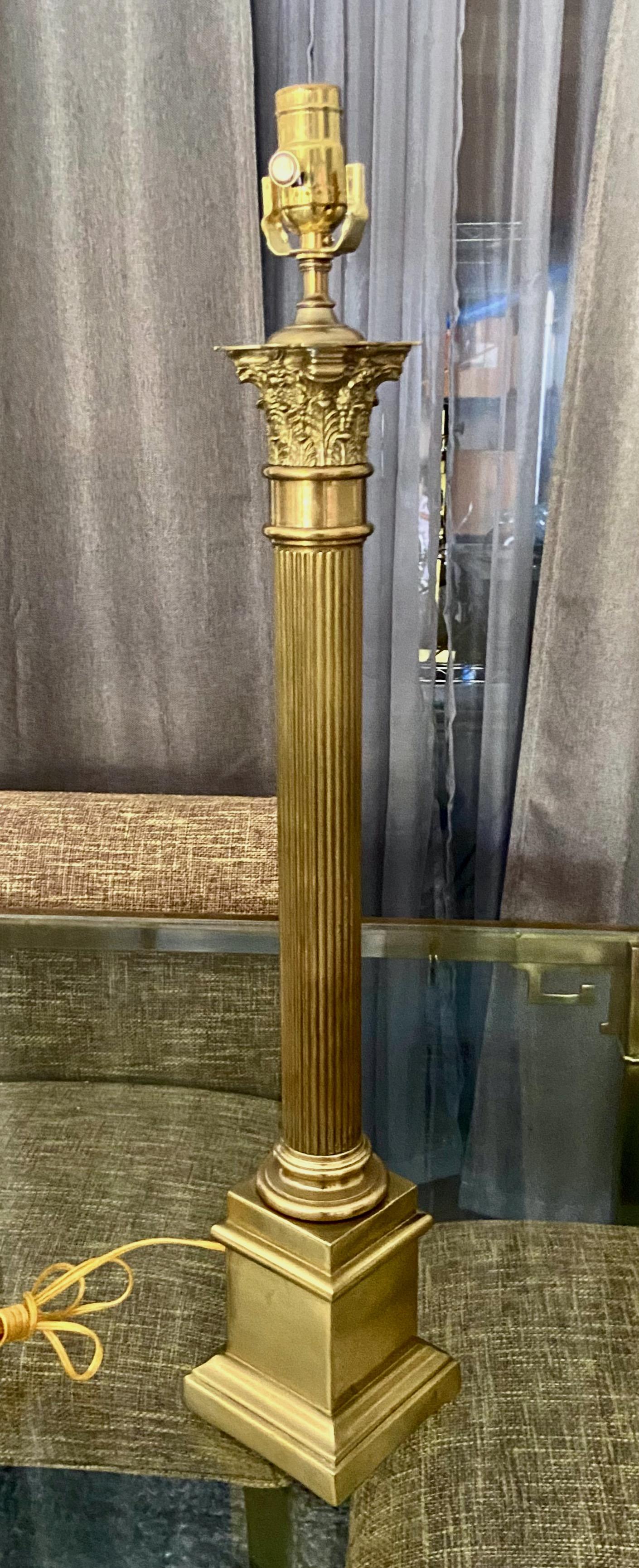 Classical Greek Single Italian Neoclassic Column Brass Table Lamp
