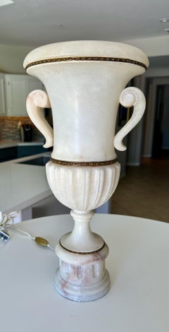 Single Italian Tall Alabaster and Brass Urn Handles Table Lamp