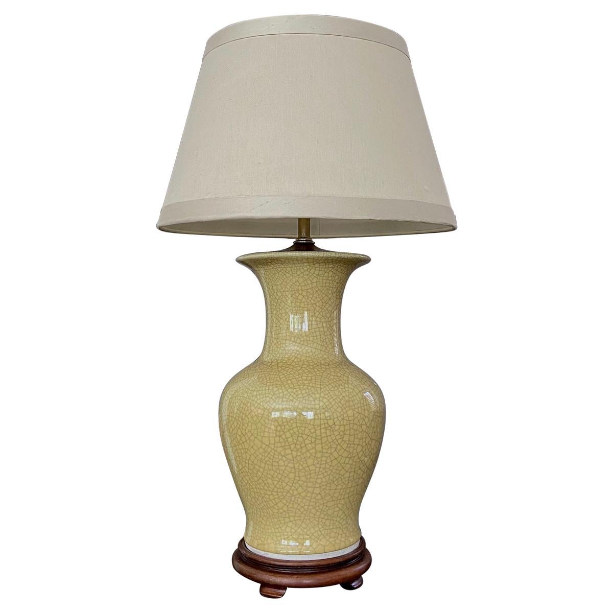 Single Japanese Asian Yellow Crackle Porcelain Table Lamp For Sale
