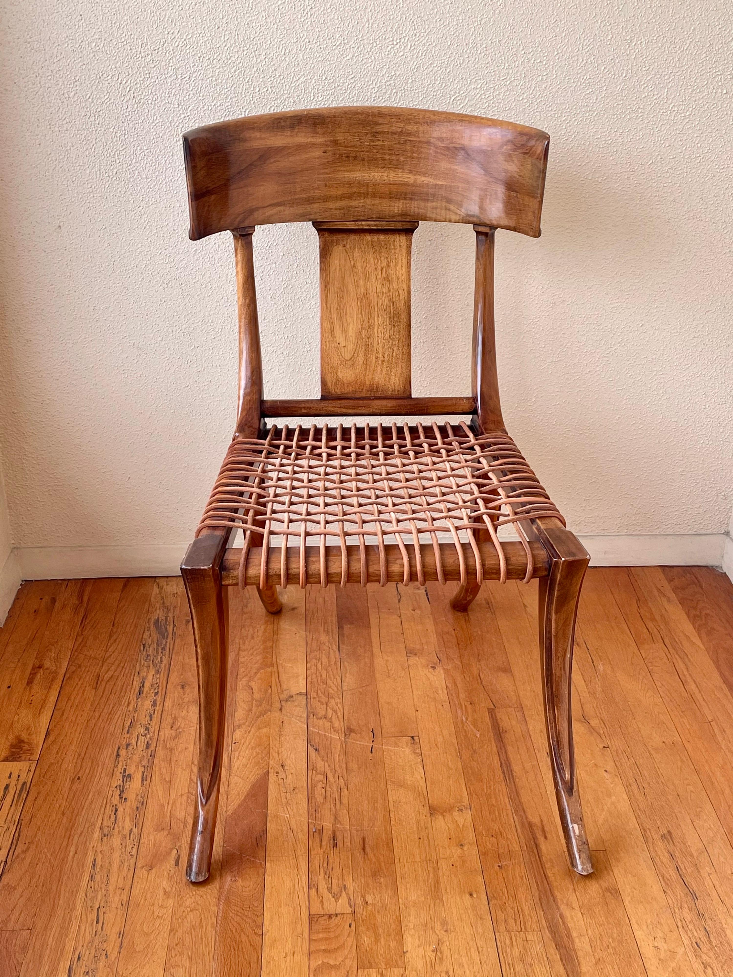 Mid-Century Modern Single Klismos Chair in Walnut Frames with Leather Straps