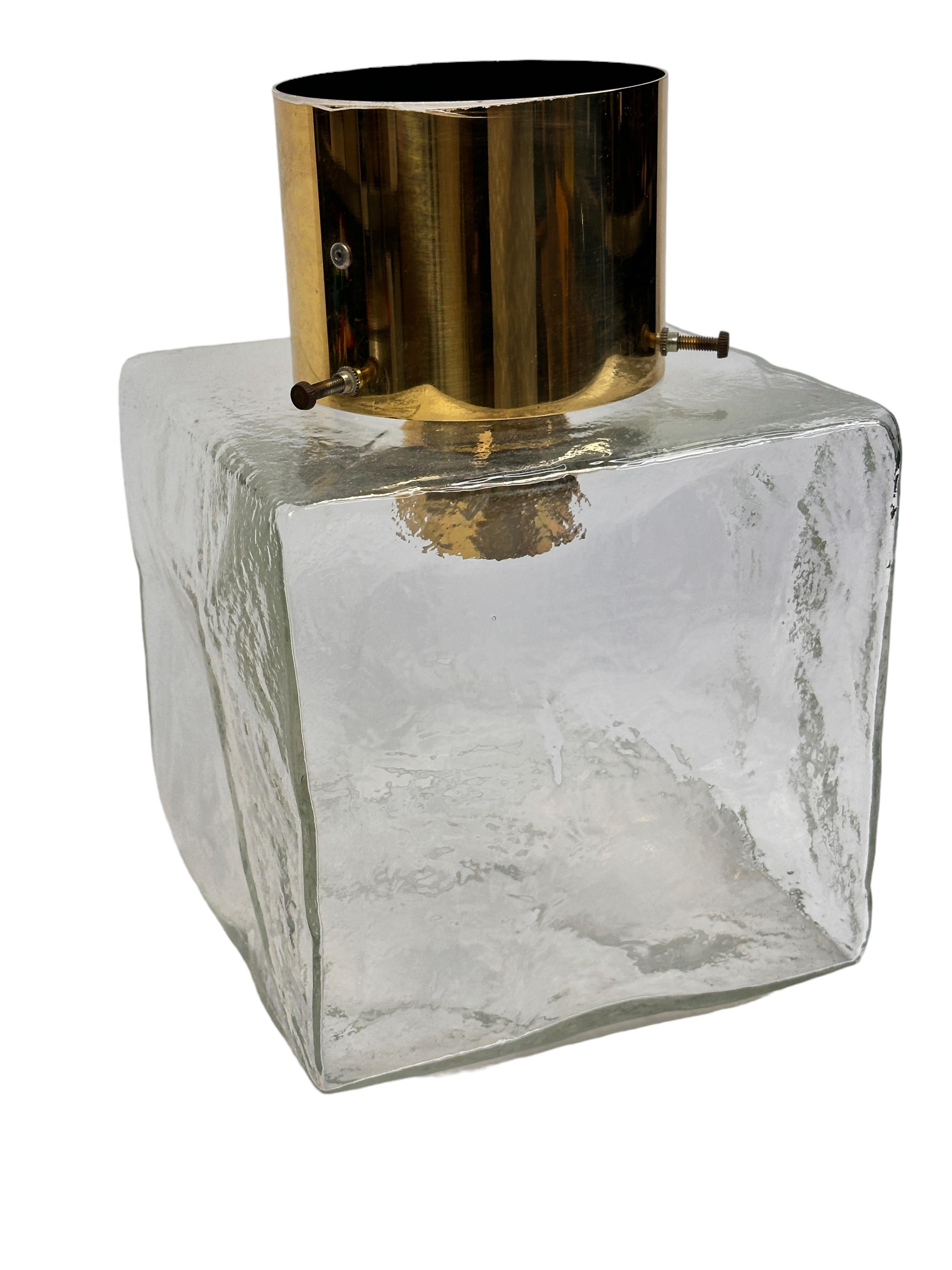 Austrian set of 3 Large Ice Glass Cube Brass Flush Mount Light Fixture by Kalmar, Austria