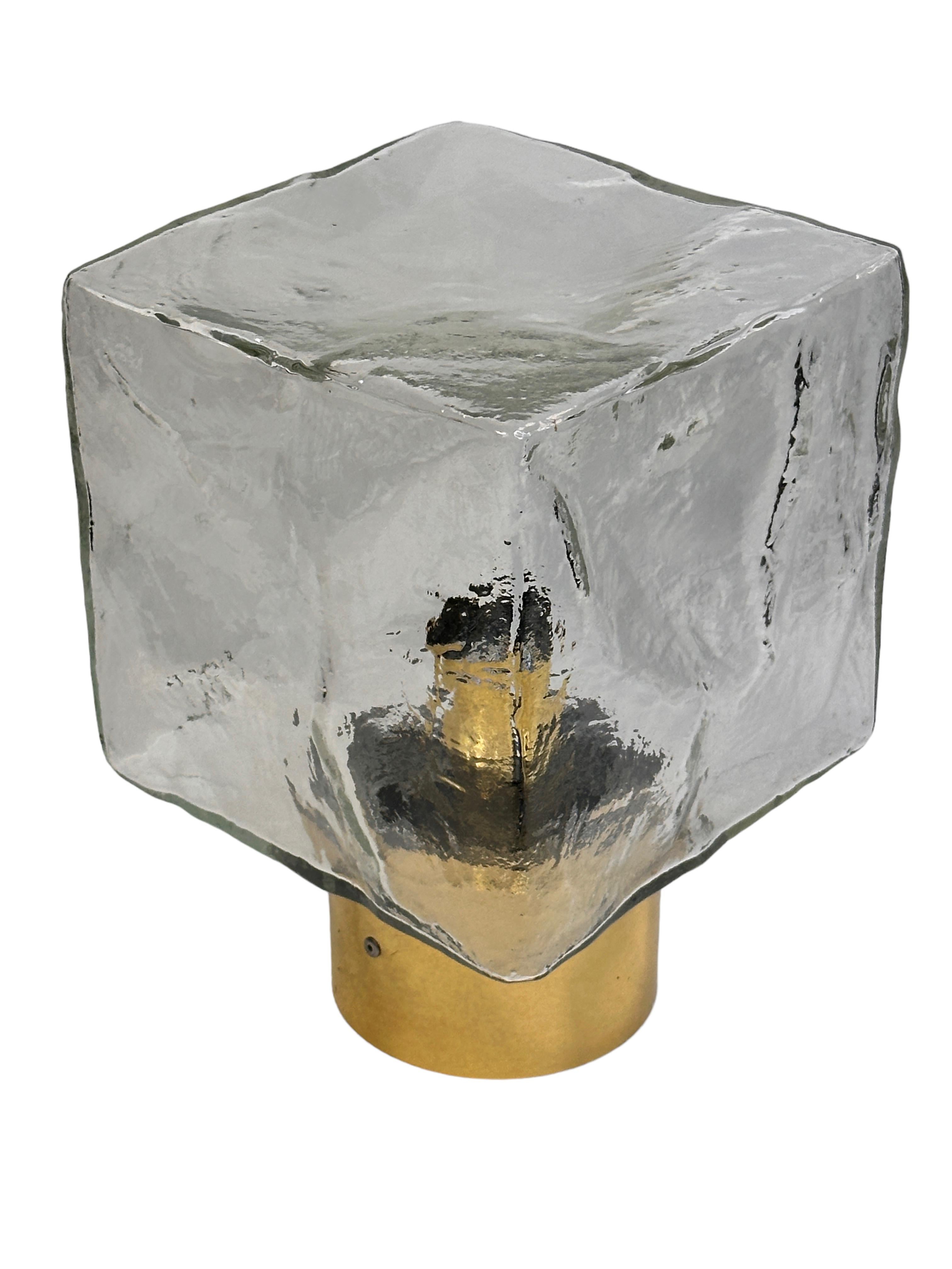 Mid-20th Century set of 3 Large Ice Glass Cube Brass Flush Mount Light Fixture by Kalmar, Austria