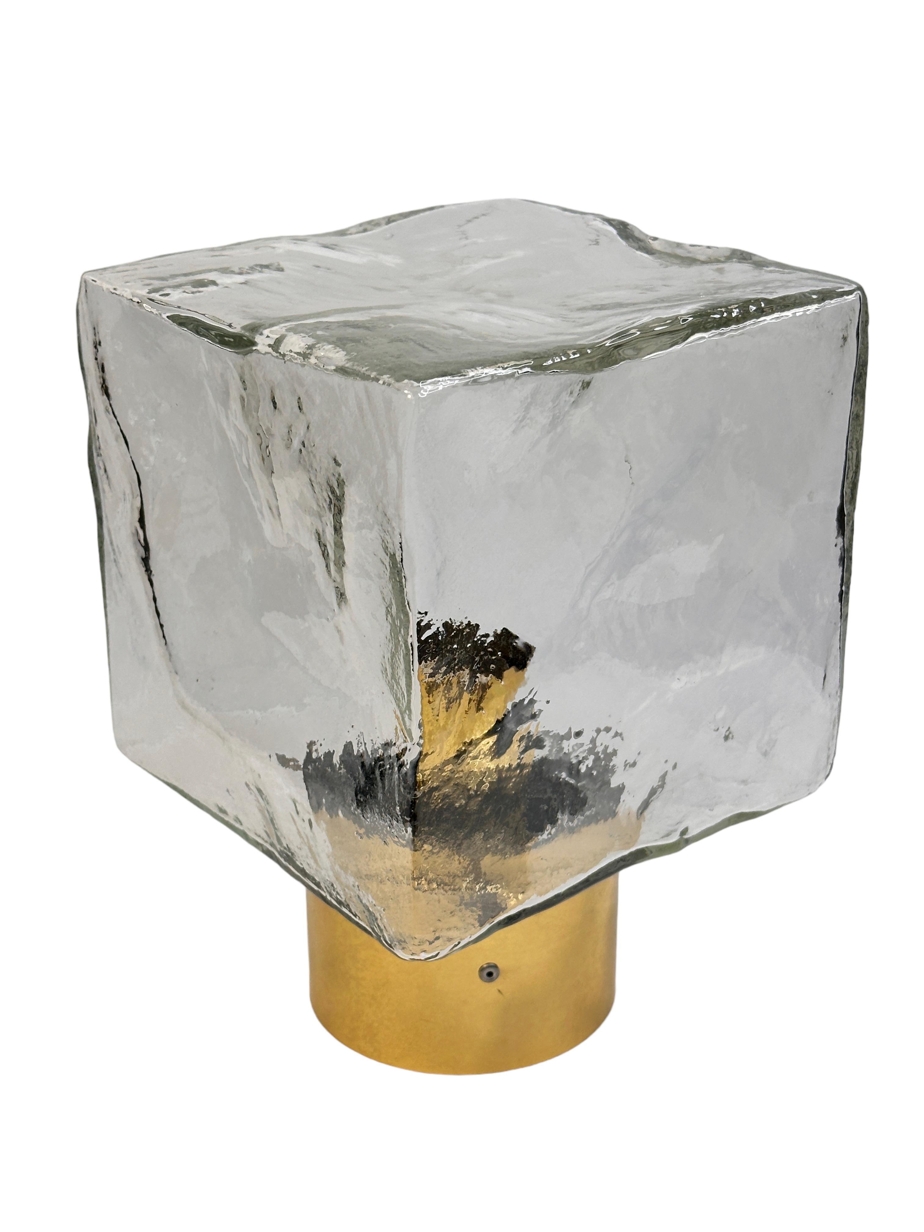 set of 3 Large Ice Glass Cube Brass Flush Mount Light Fixture by Kalmar, Austria 2