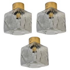 set of 3 Large Ice Glass Cube Brass Flush Mount Light Fixture by Kalmar, Austria