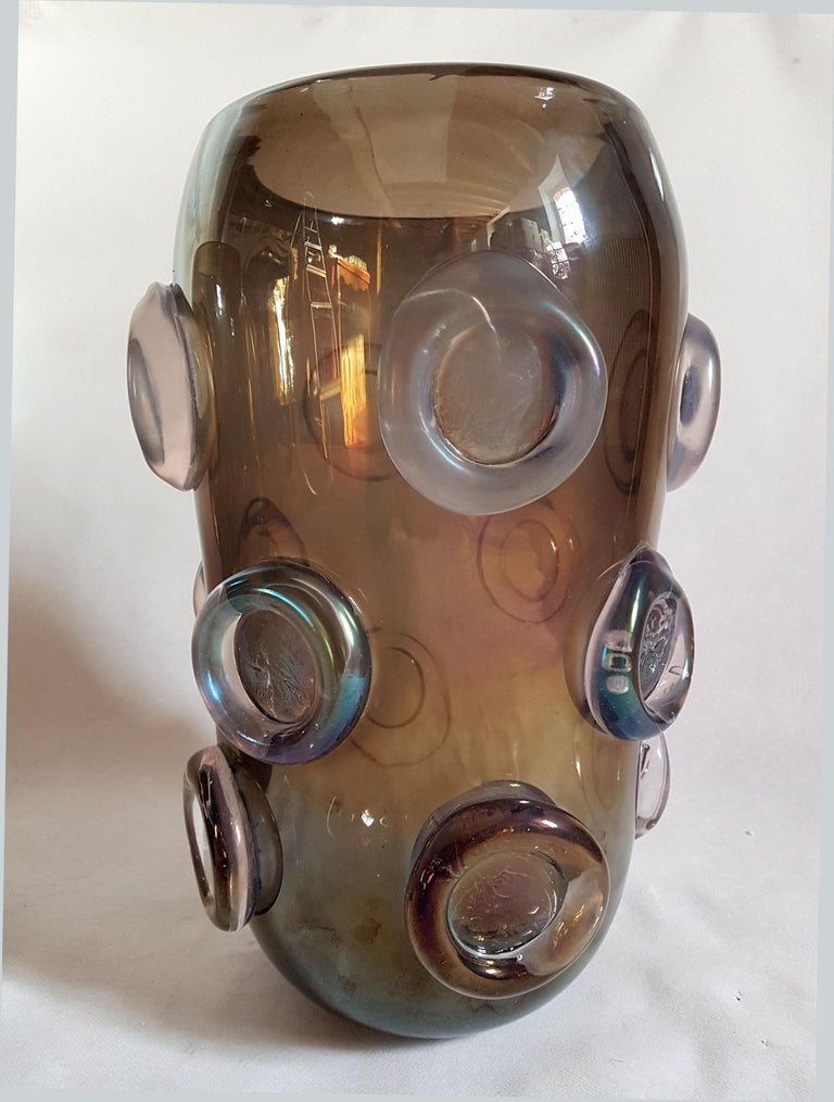 Single Large MidCentury Modern Brown and Purple Iridescent Vase