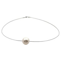 Single Large Pearl Omega Chain Necklace 14K White Gold