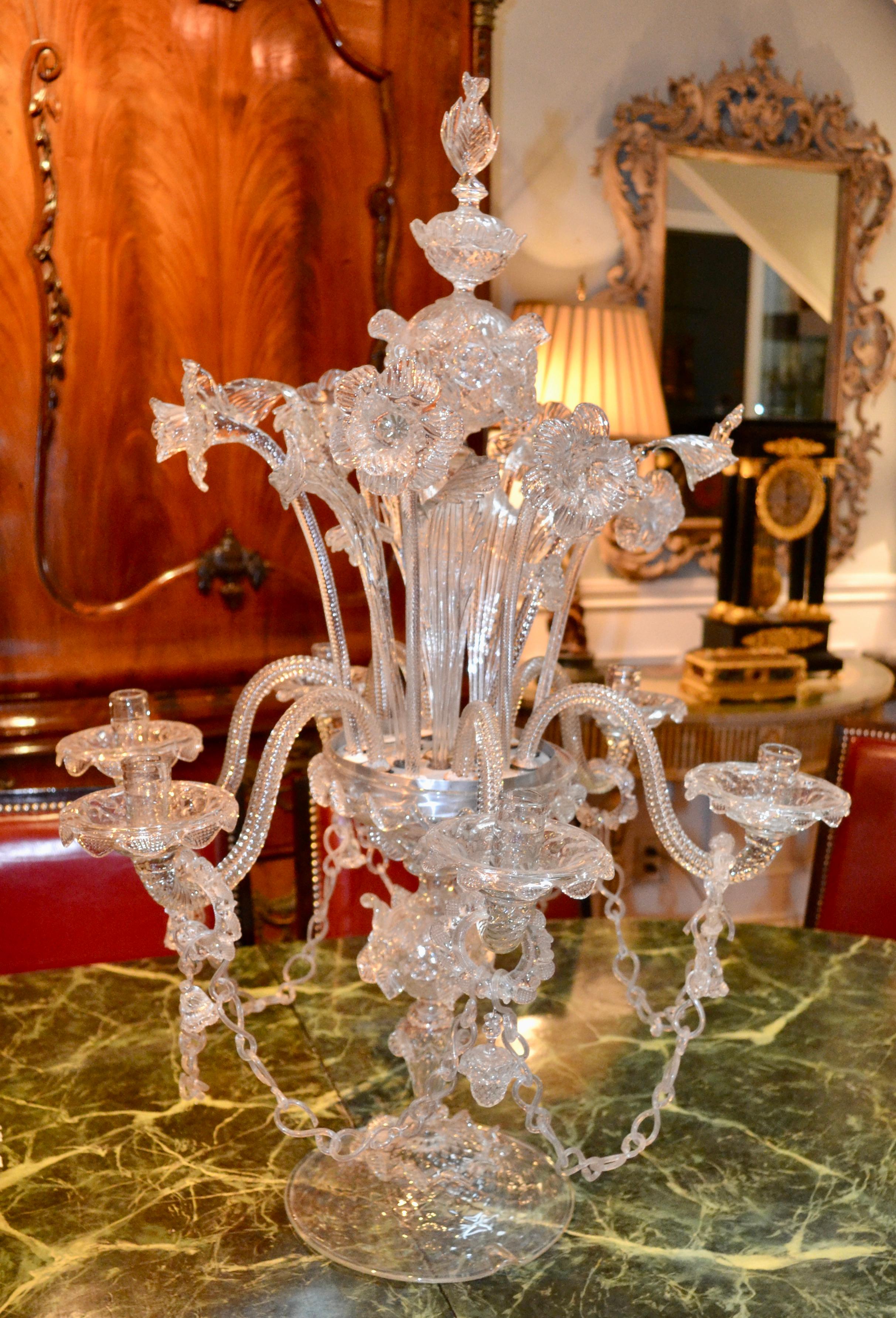 Italian Single Large Venetian Glass Candelabra For Sale