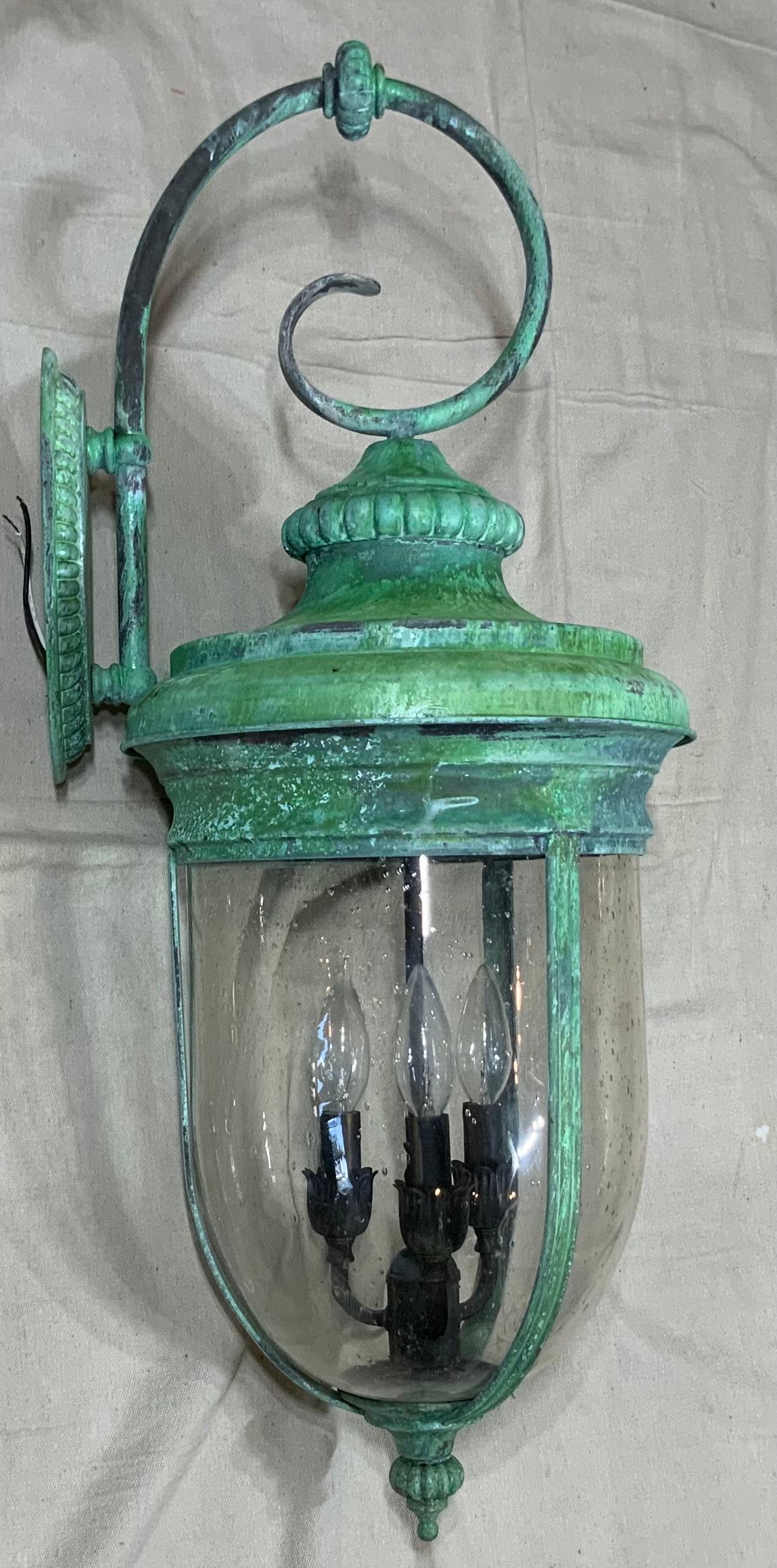 Single Large Vintage Pair of Handcrafted Wall-Mounted Copper-brass Lantern In Good Condition In Delray Beach, FL