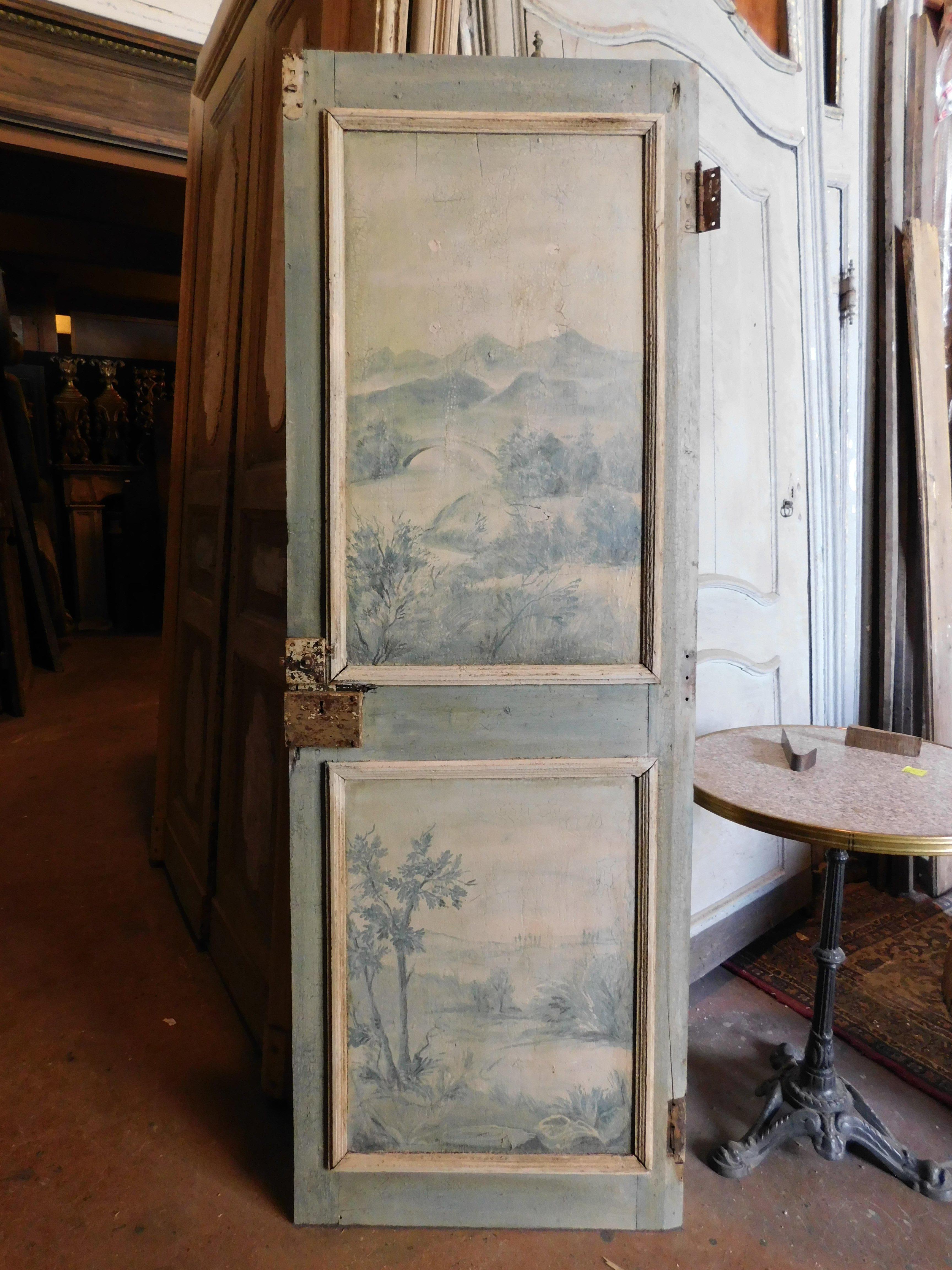 Single-leaf lacquered wooden door, panels painted with landscapes, Italy For Sale 5