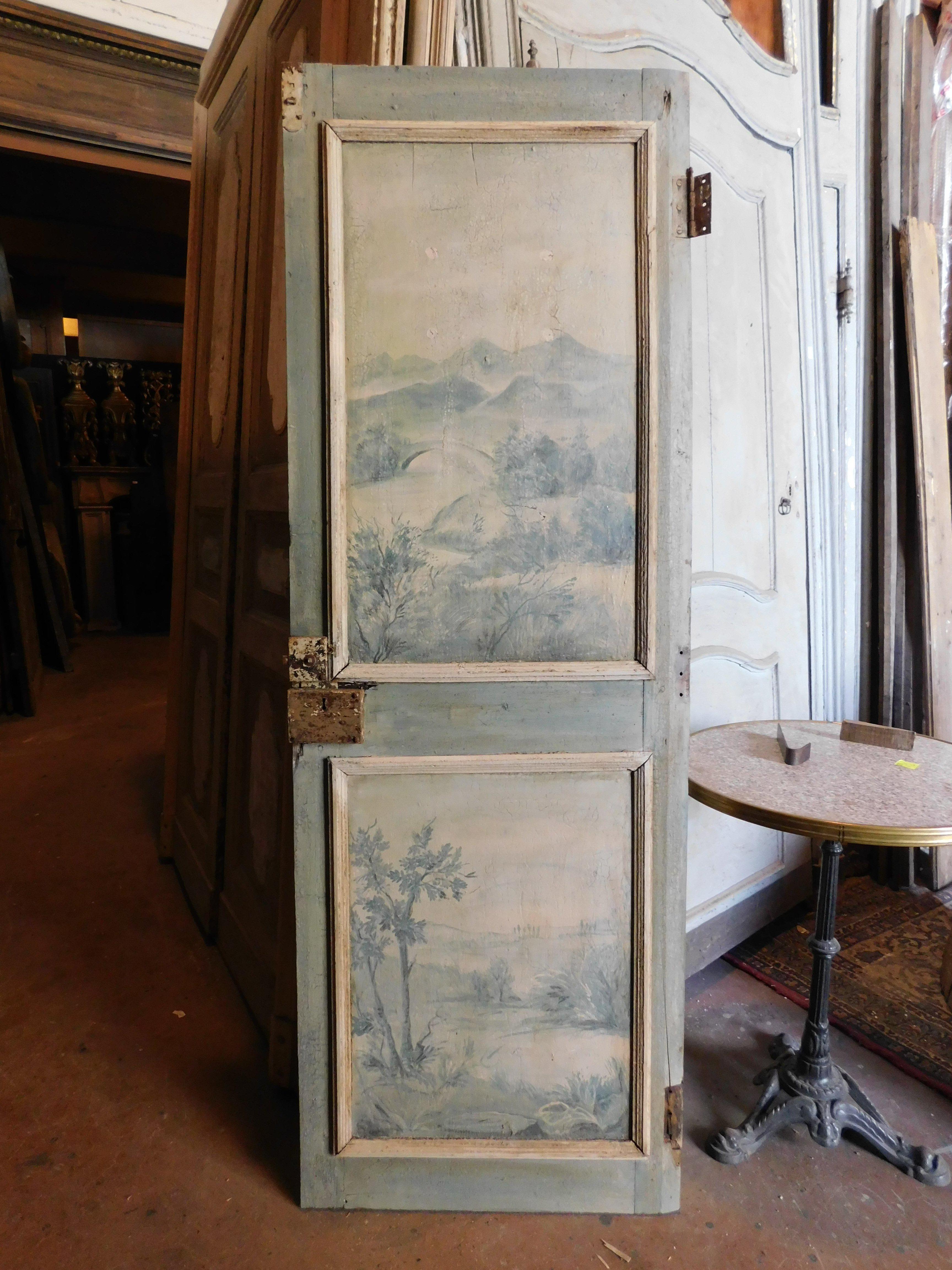 Single-leaf lacquered wooden door, panels painted with landscapes, Italy For Sale 6