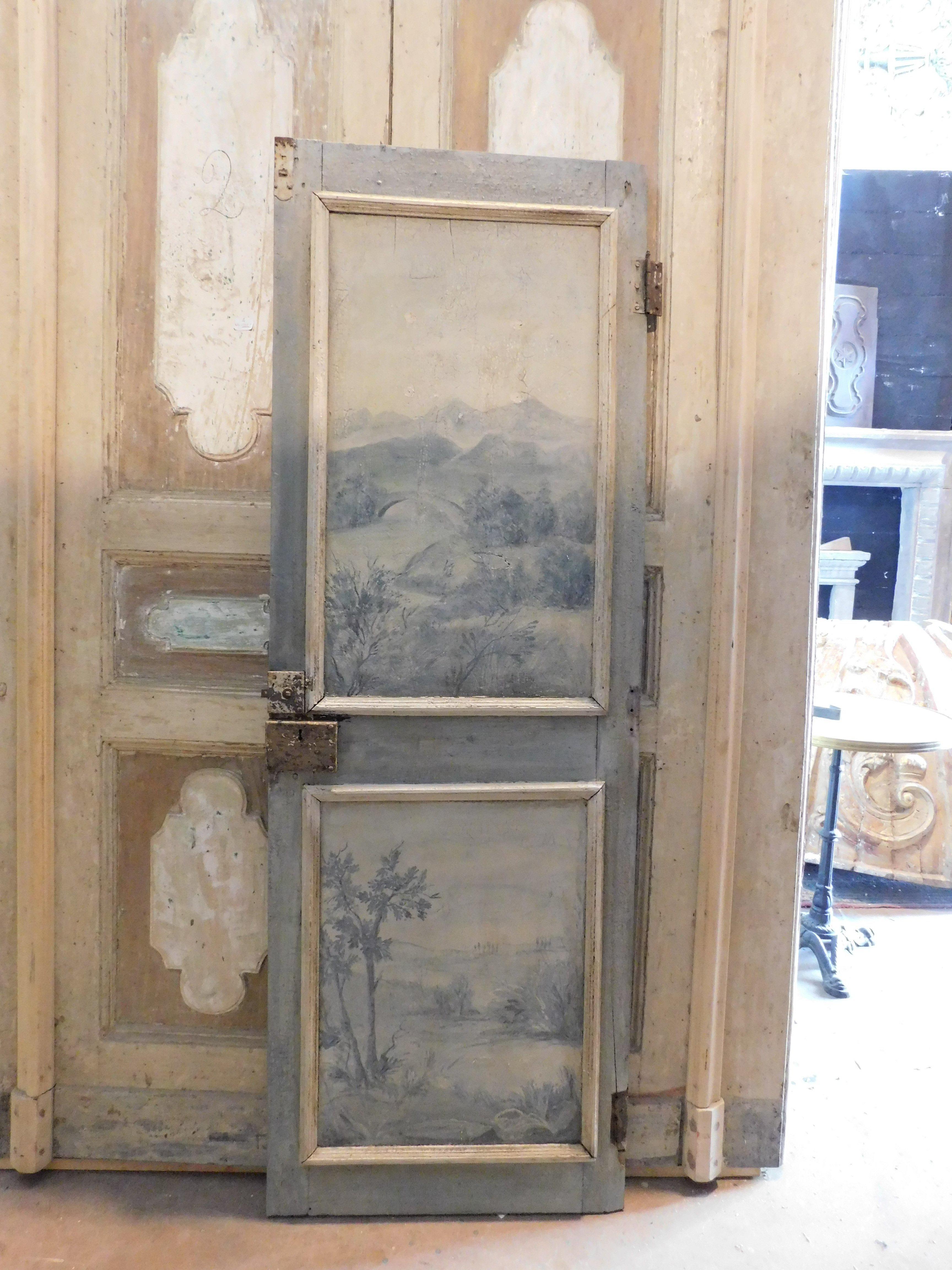 Ancient interior door in painted solid wood, with one leaf, panels painted with landscapes, blue and cream tones, simple but lacquered back, built for a noble palace in Italy (Florence), in the 18th century, measuring L 66 x H 190 cm .
Ideal as a