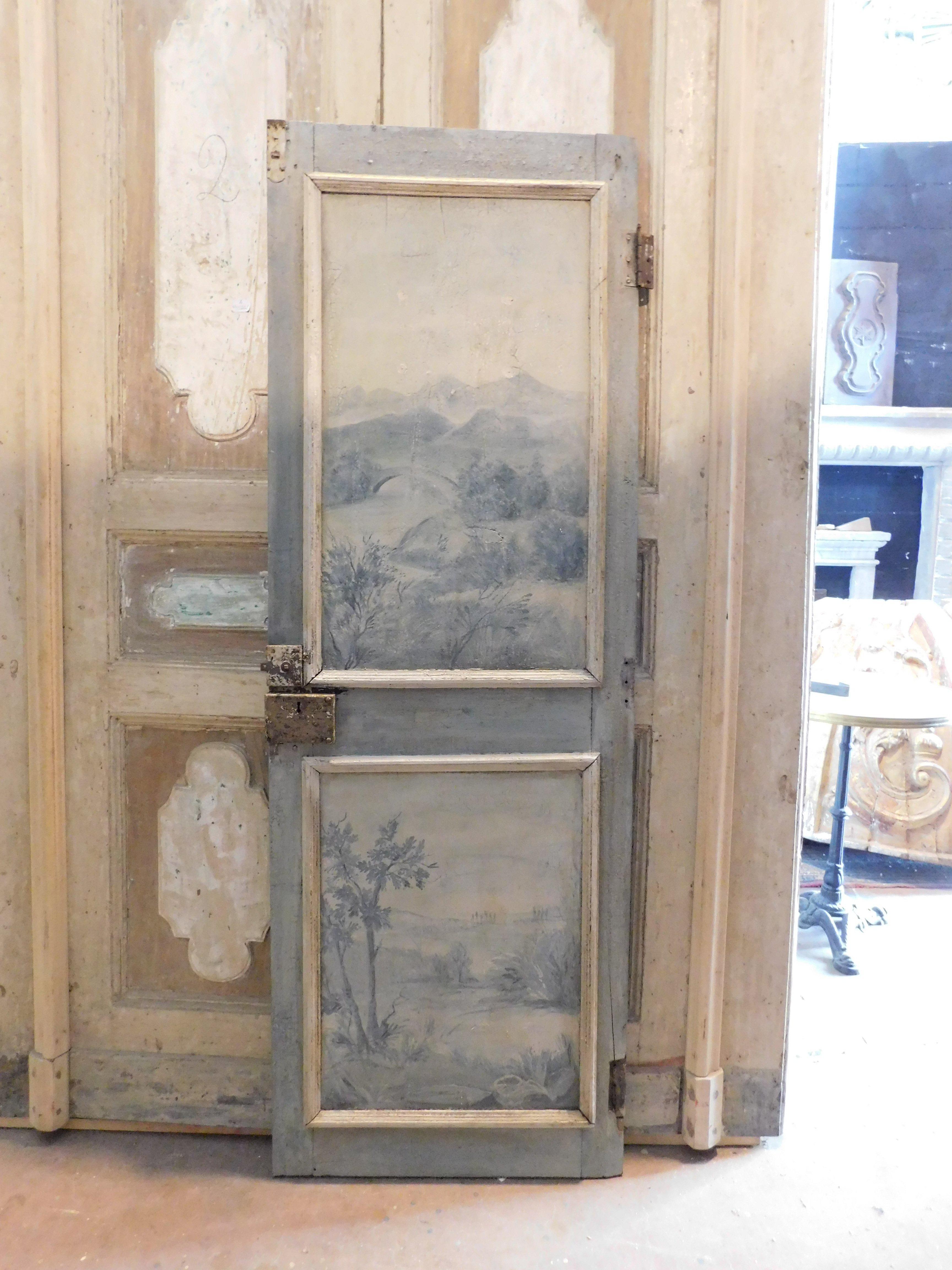 Italian Single-leaf lacquered wooden door, panels painted with landscapes, Italy For Sale