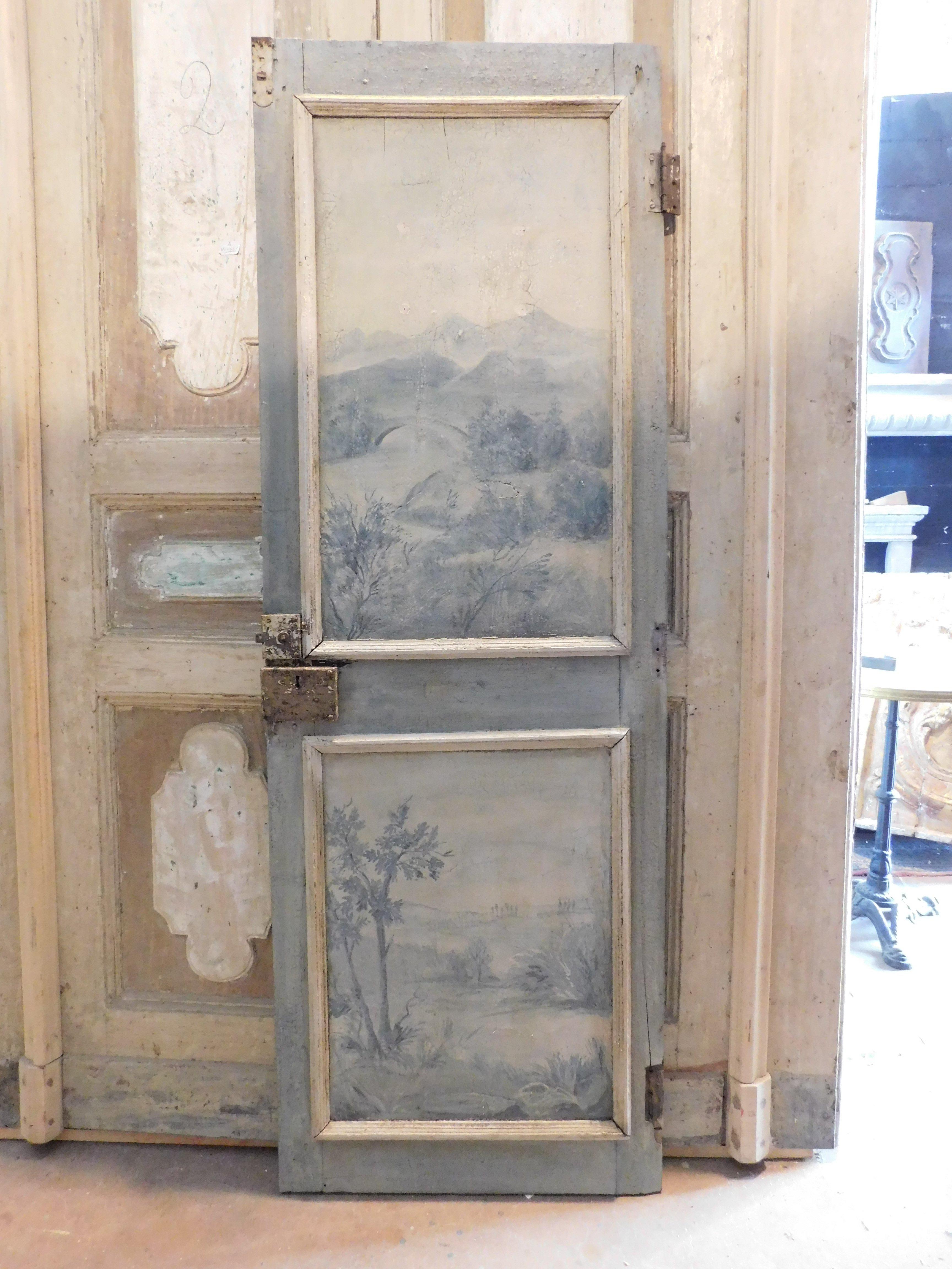 Hand-Painted Single-leaf lacquered wooden door, panels painted with landscapes, Italy For Sale