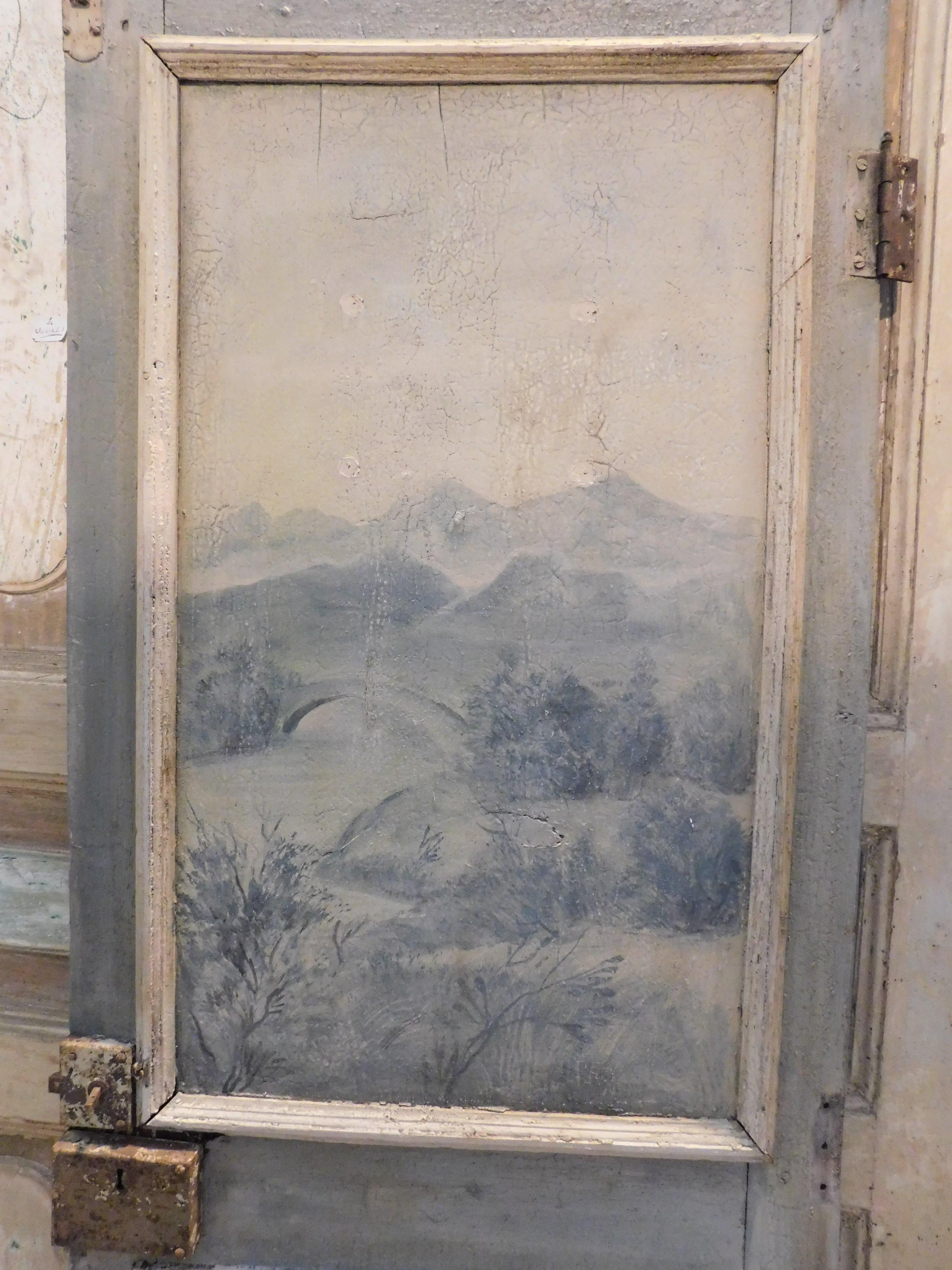 Single-leaf lacquered wooden door, panels painted with landscapes, Italy In Good Condition For Sale In Cuneo, Italy (CN)