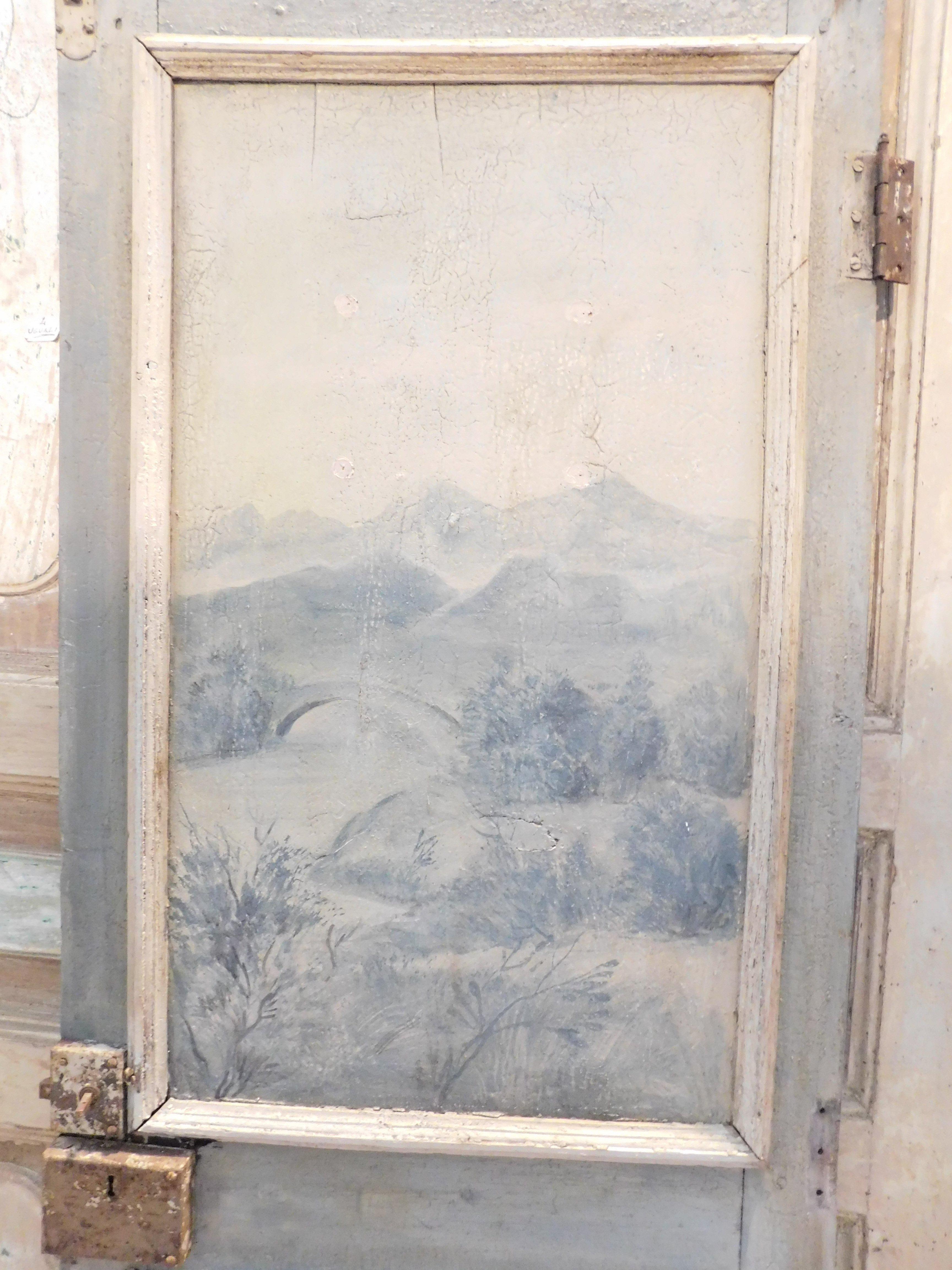 18th Century and Earlier Single-leaf lacquered wooden door, panels painted with landscapes, Italy For Sale