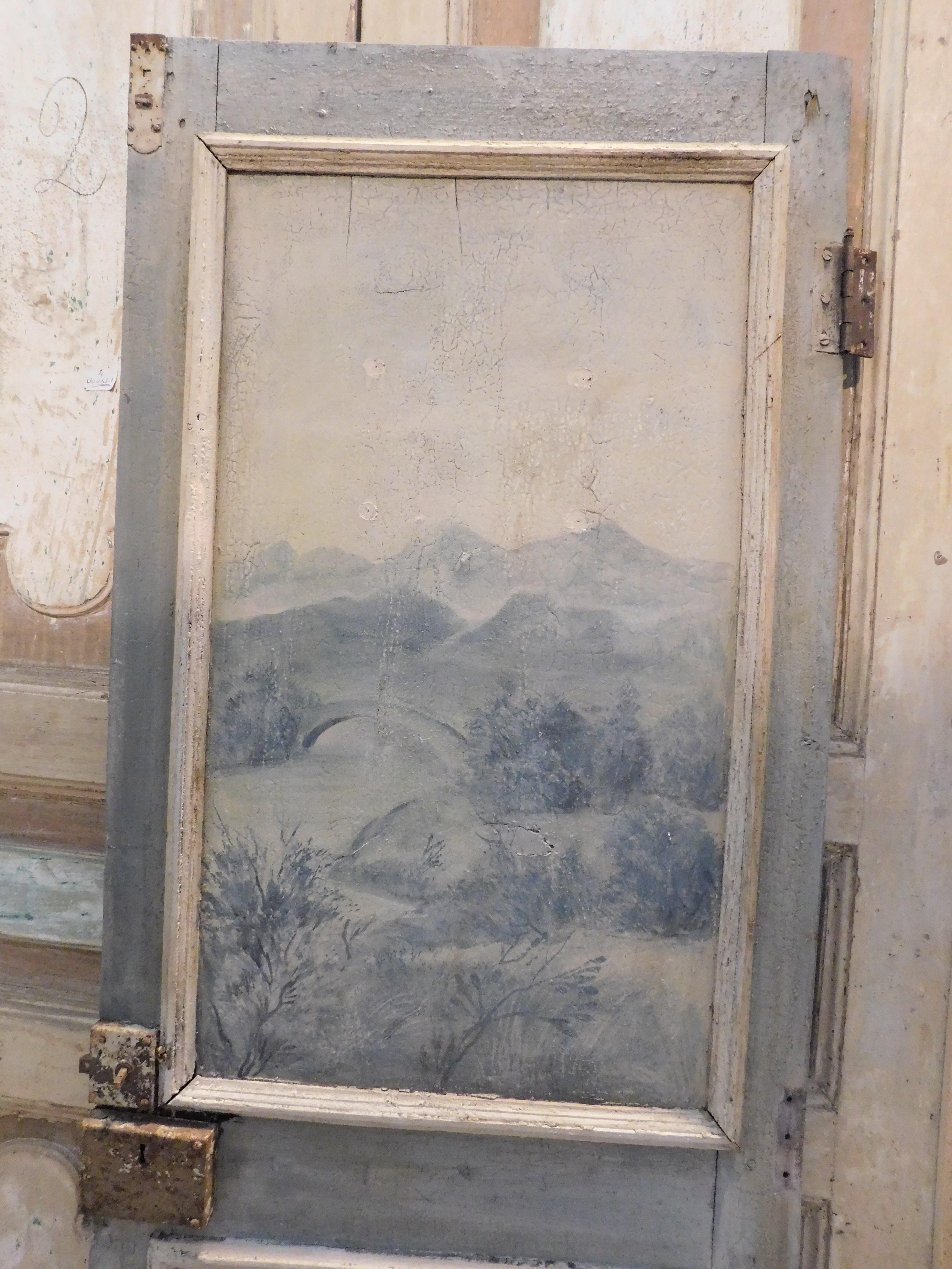 Poplar Single-leaf lacquered wooden door, panels painted with landscapes, Italy For Sale