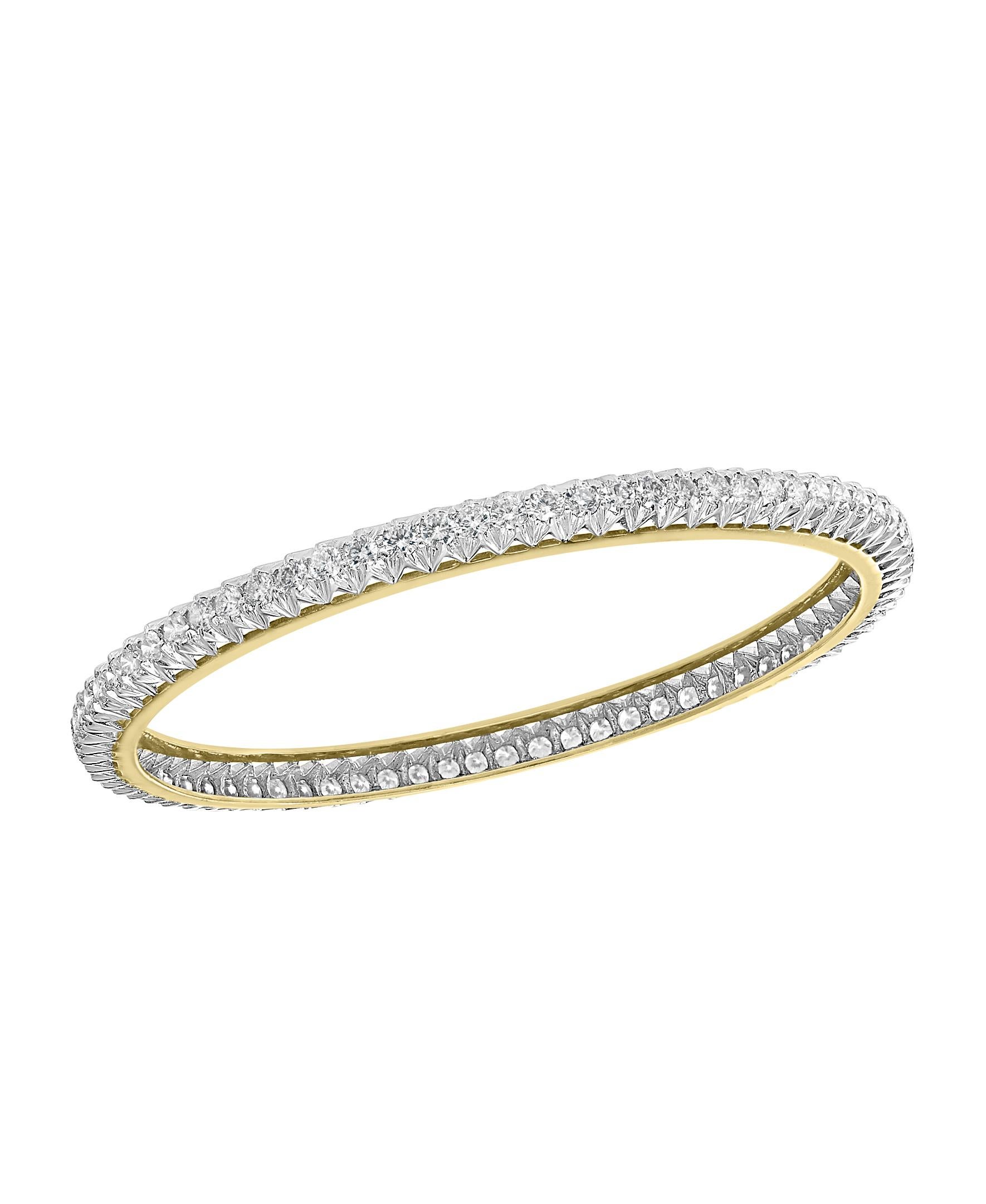 Round Cut Single Line 11.25 Carat Contemporary Diamond Bangle Pair in 18 Karat Yellow Gold For Sale