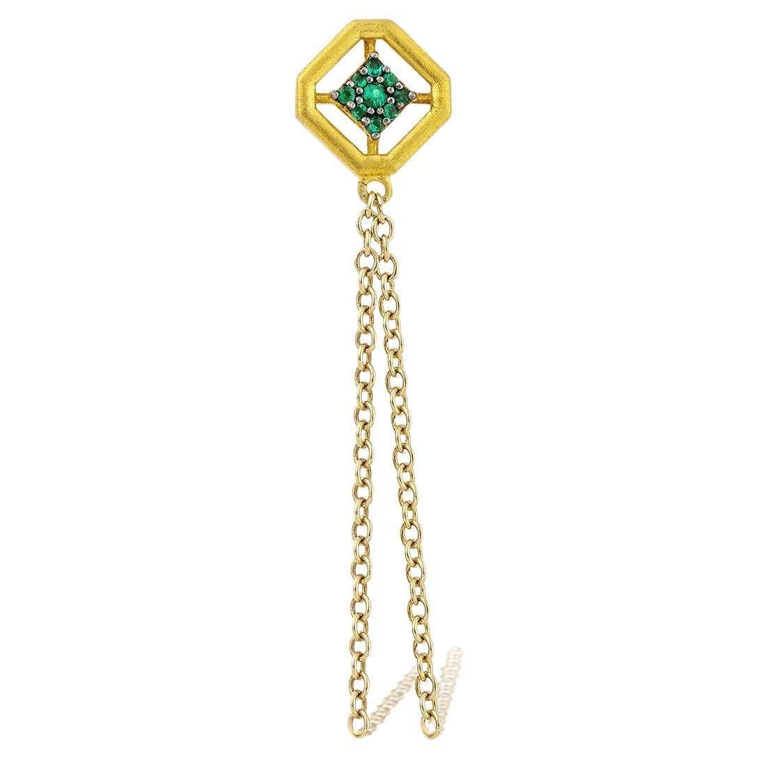 Single Long Ancient Gold Earring with Emerald