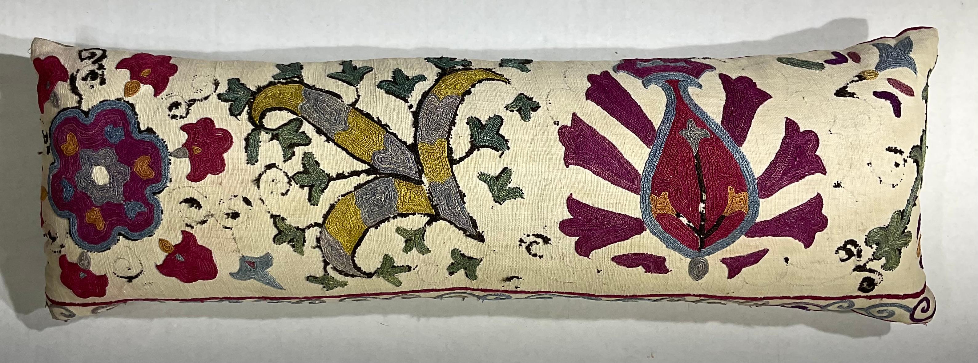 Uzbek Single Long Antique Silk Embroidery Suzani Pillow For Sale