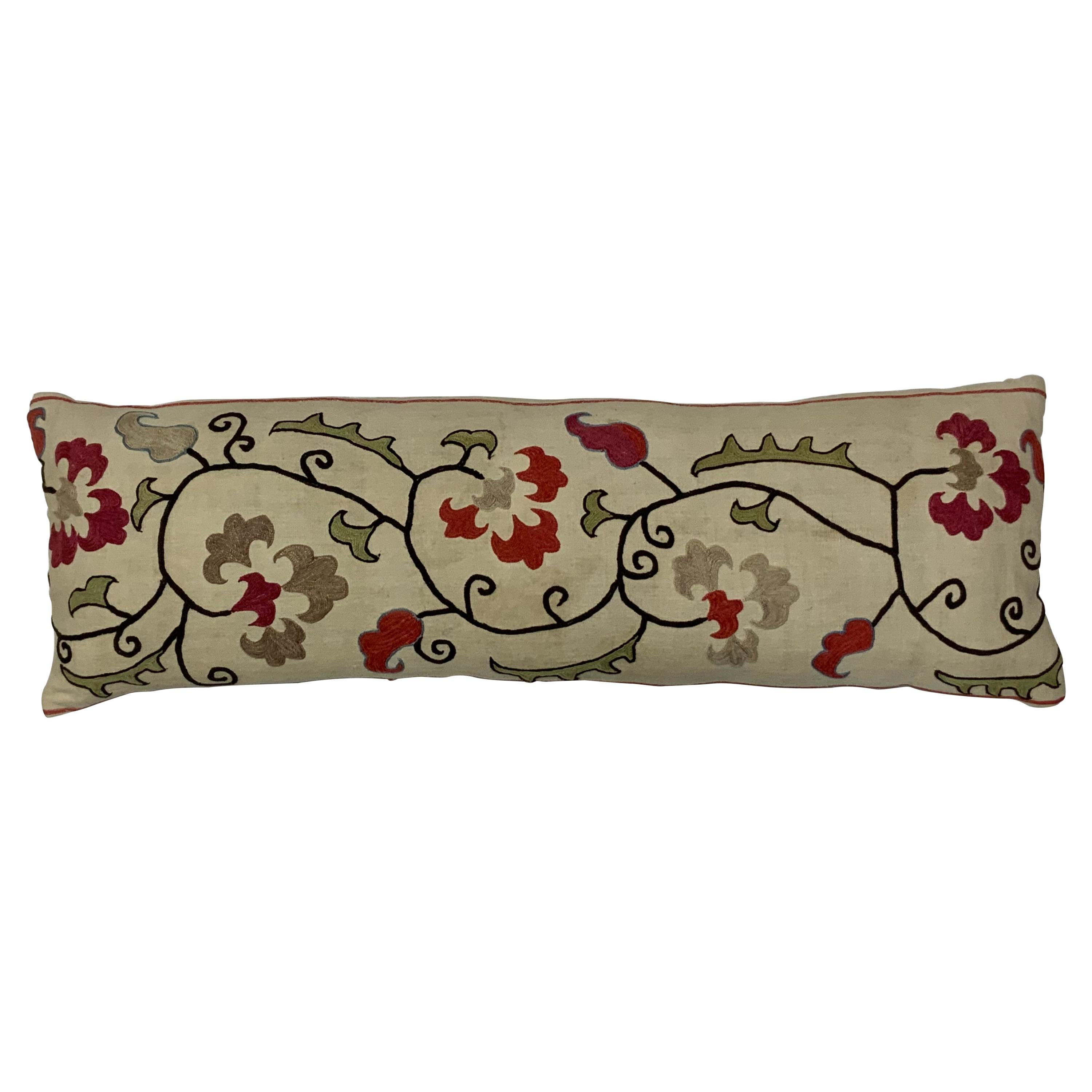 Single Long Antique Silk Embroidery Suzani Pillow For Sale at 1stDibs