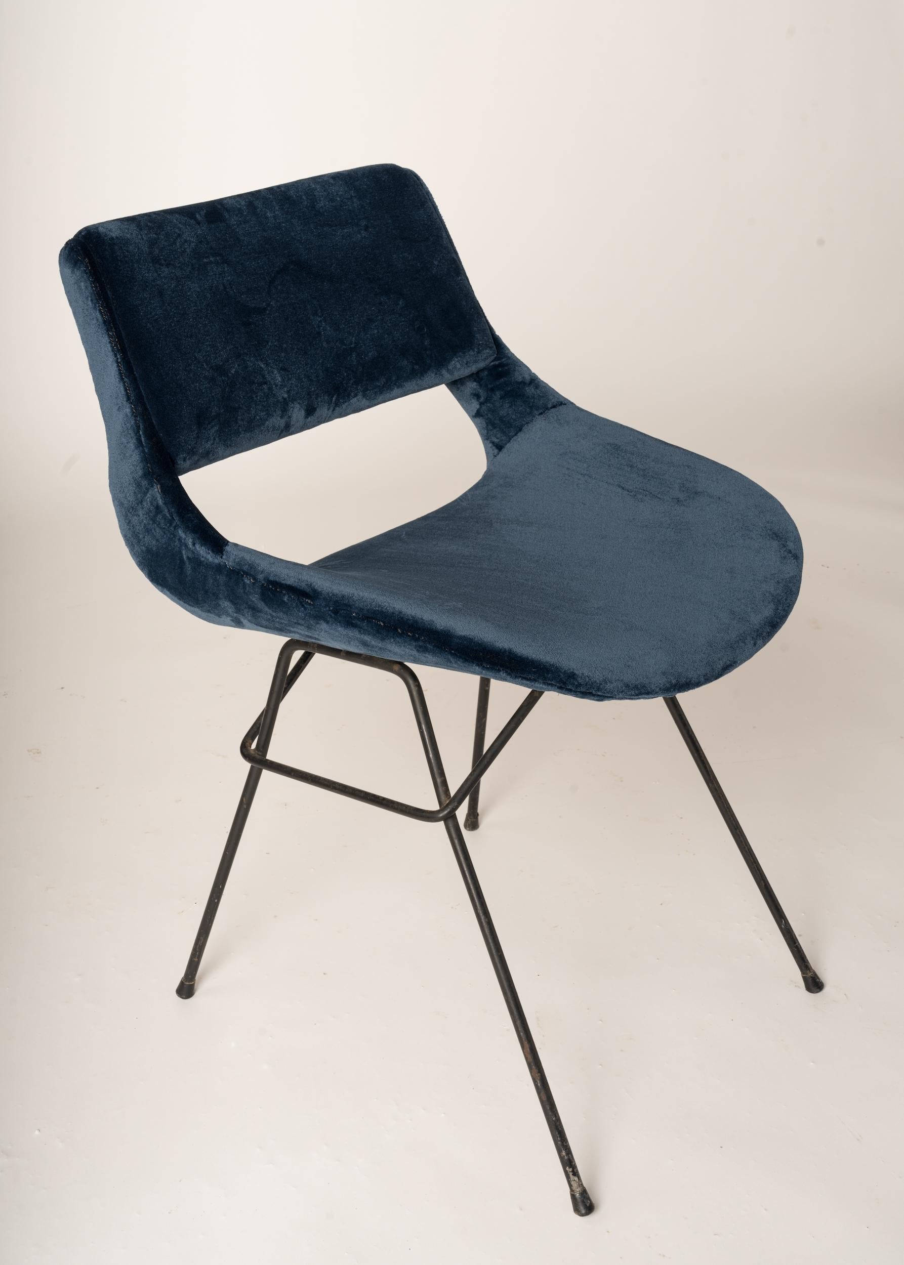 French Single Louis Paolozzi Chair for ZOL Blue Velvet Upholstery, France, 1960's For Sale