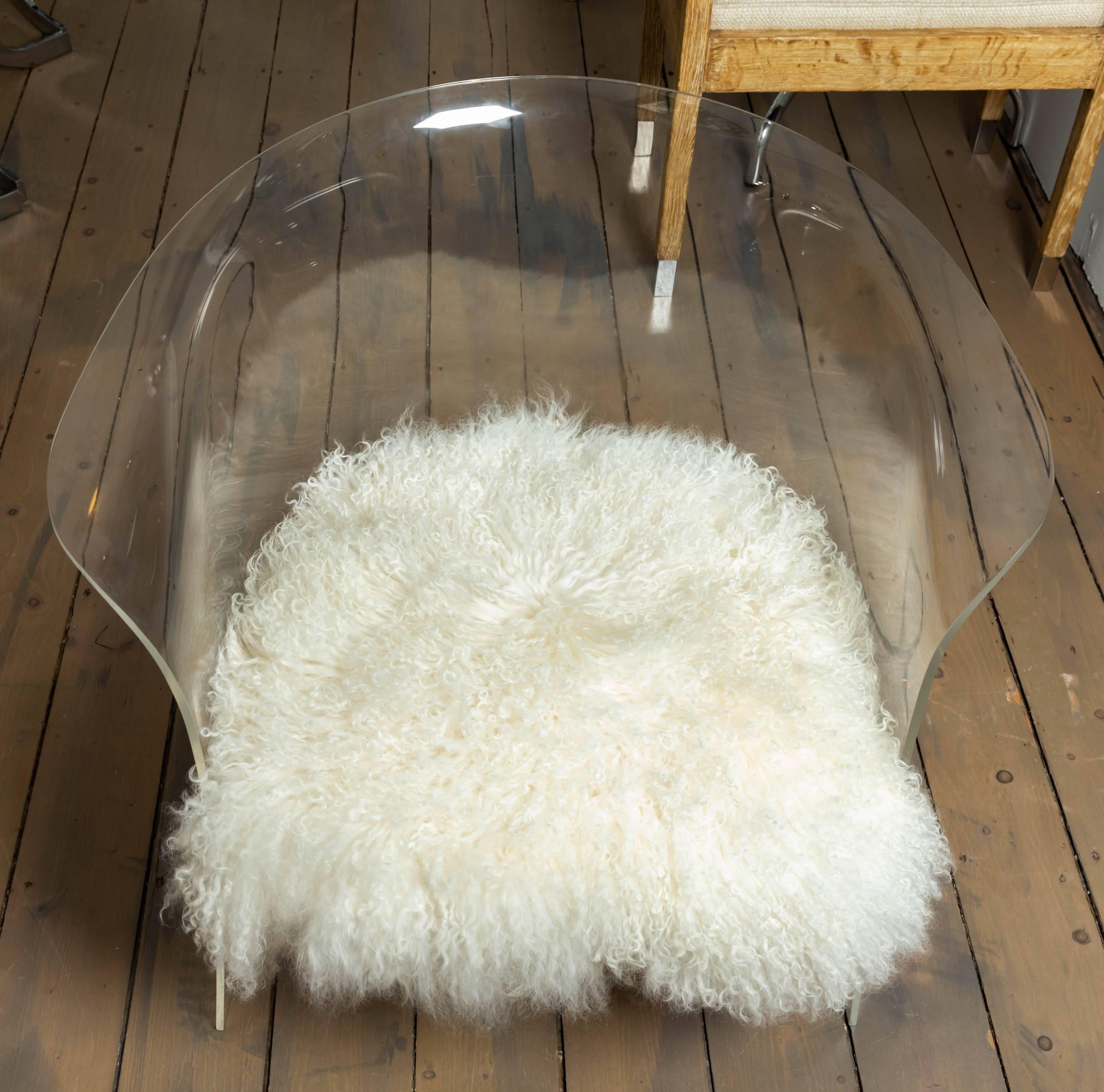 American Single Lucite Barrel-Back Chair with Shearling Upholstery and Brass Detail For Sale
