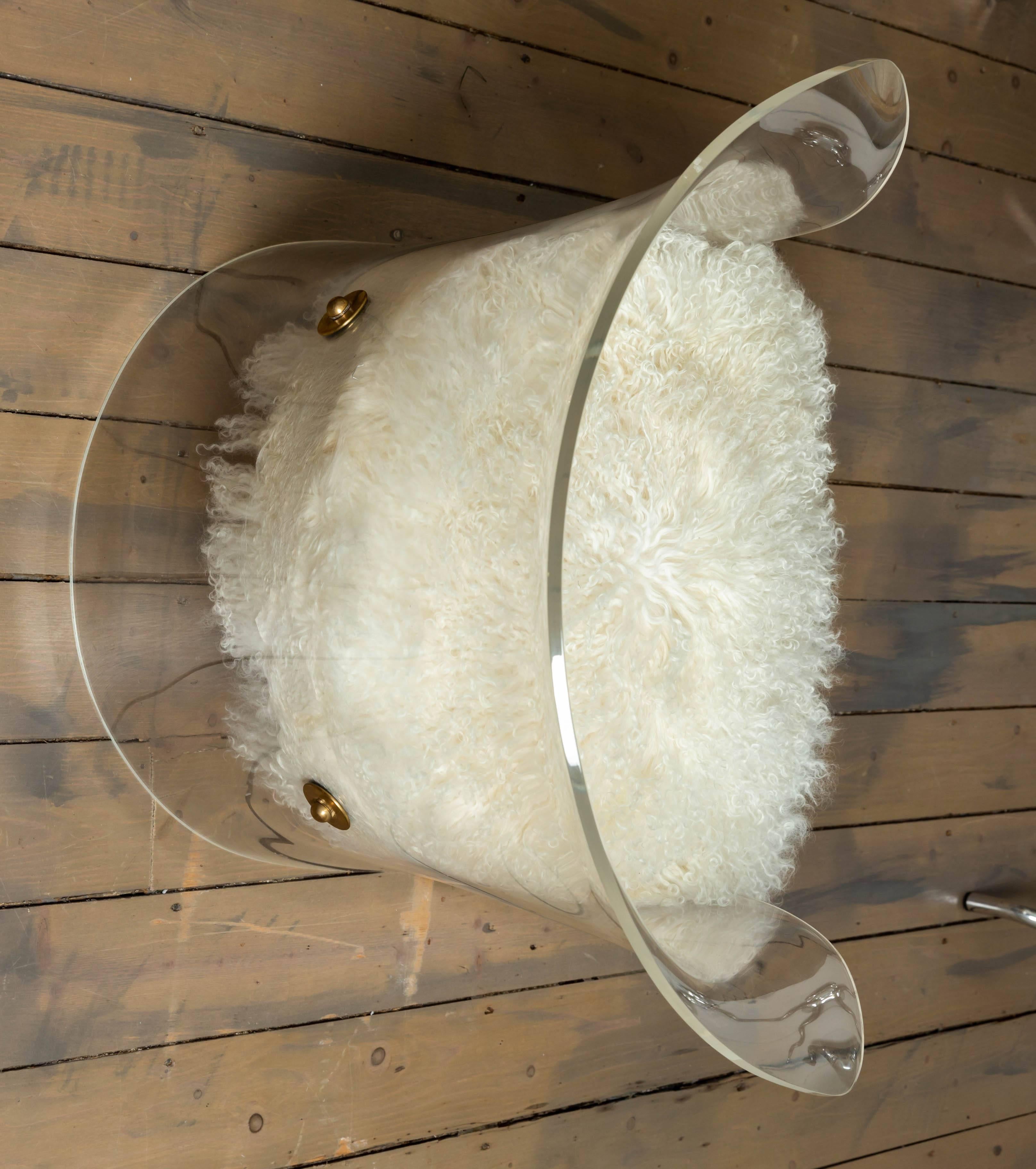Single Lucite Barrel-Back Chair with Shearling Upholstery and Brass Detail For Sale 1