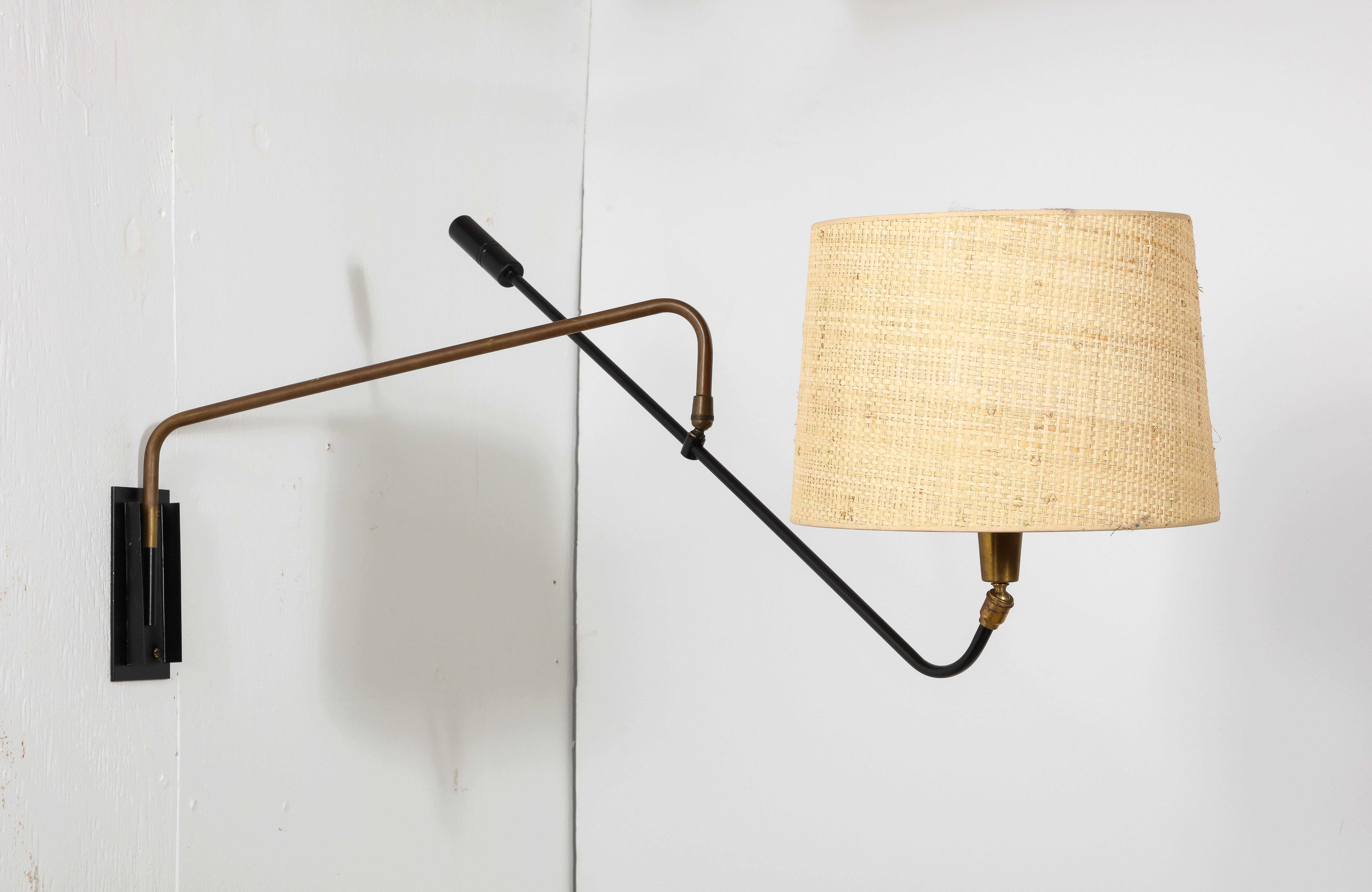 Mid-Century Modern Single Lunel Uplight Swing Arm Sconce in Brass & Steel, France 1950's For Sale