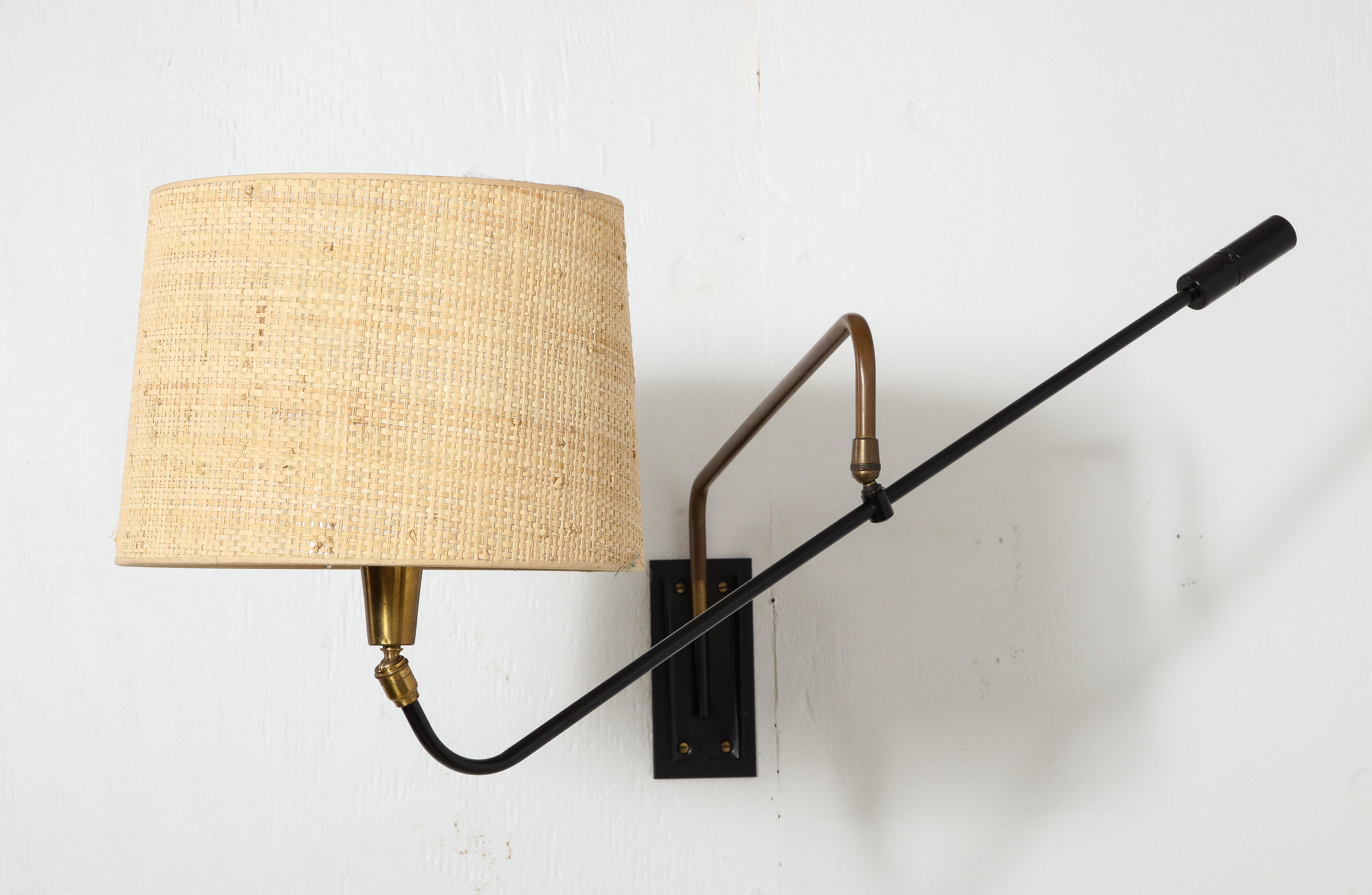 Single Lunel Uplight Swing Arm Sconce in Brass & Steel, France 1950's In Good Condition For Sale In New York, NY