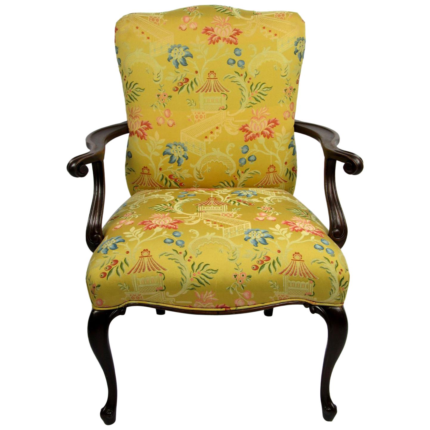 Single Mahogany Armchair with Oriental Style Upholstery For Sale