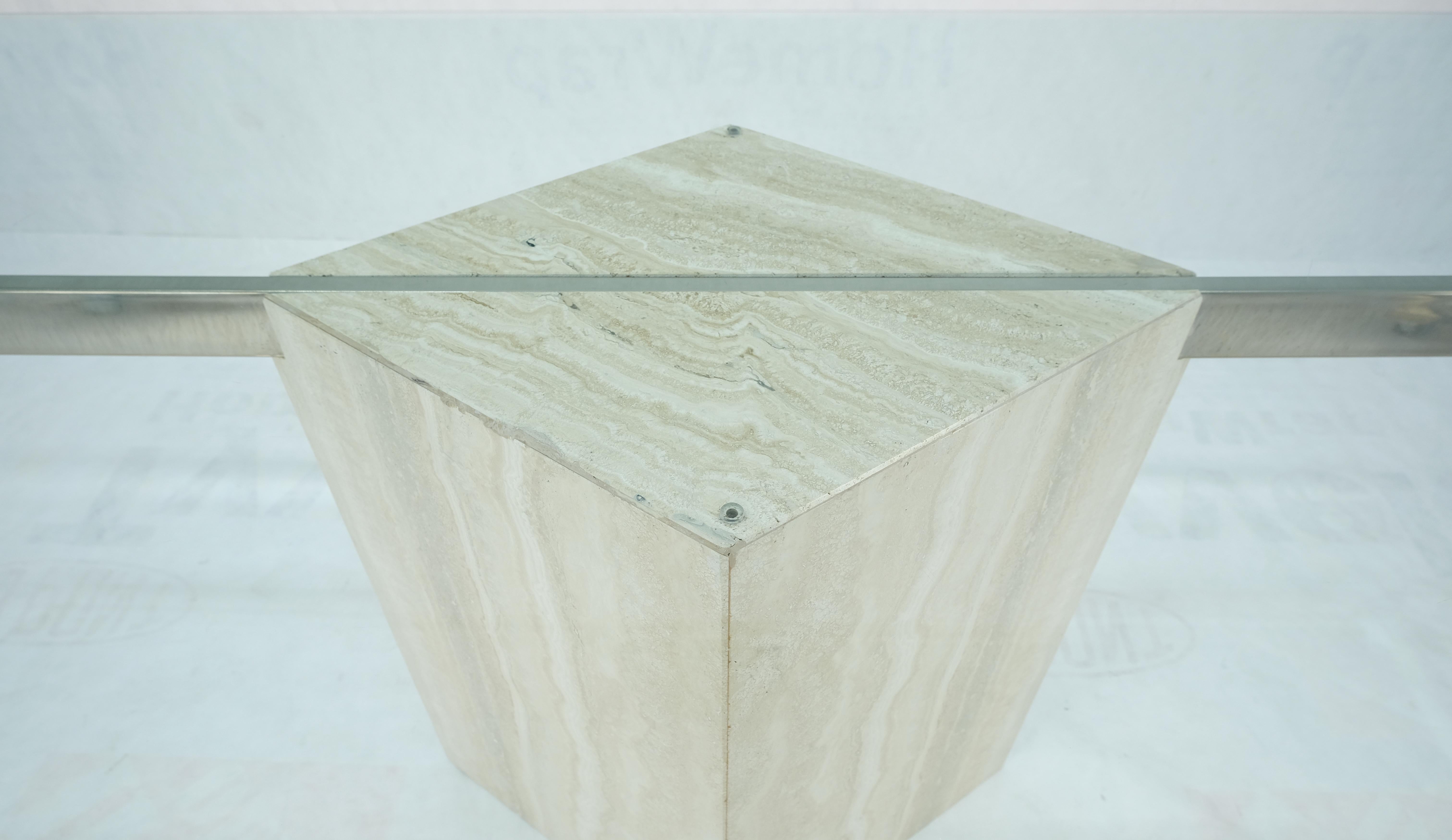Italian Single Marble Travertine Diamond Shape Glass Top Dining Conference Table MINT! For Sale