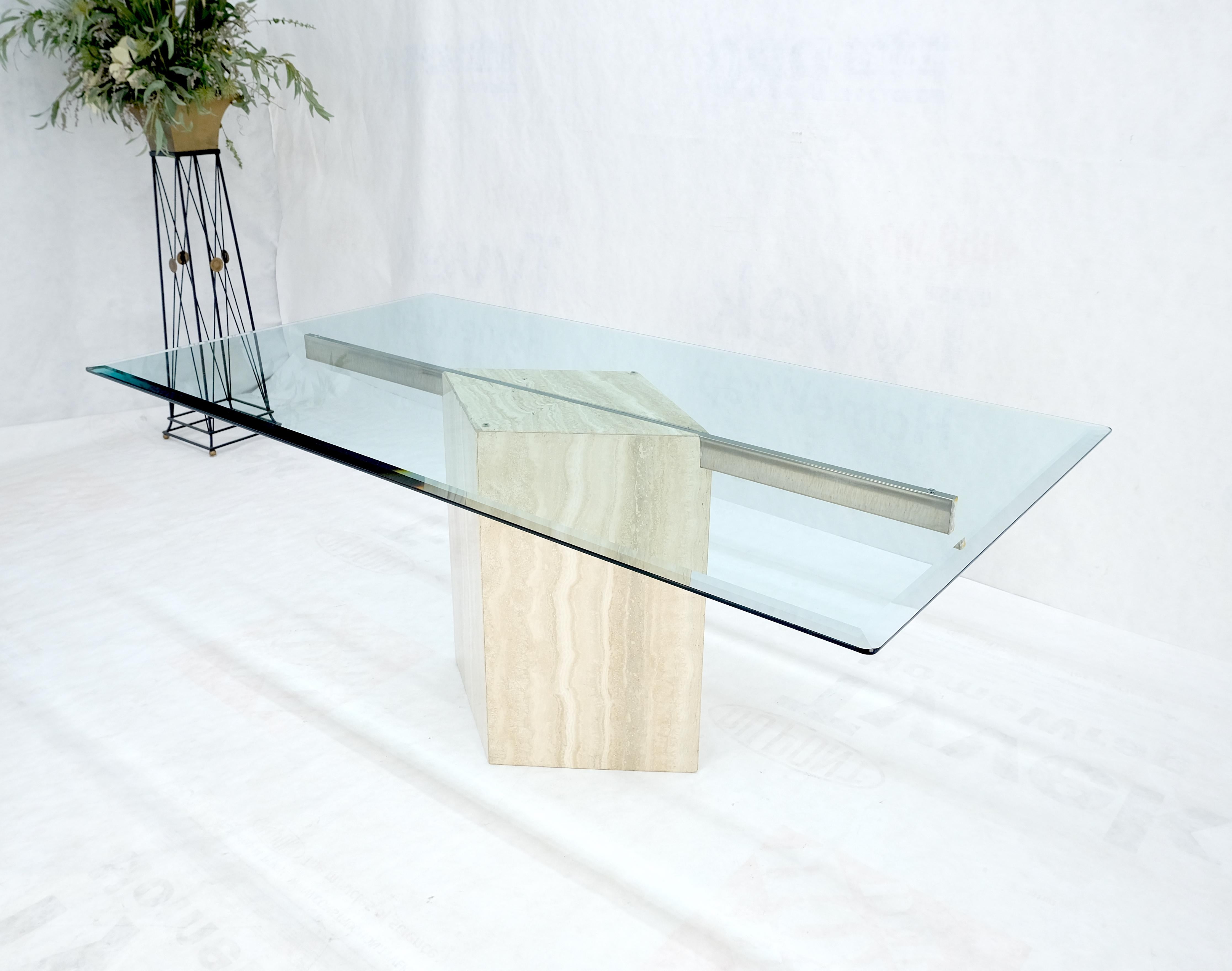 Single Marble Travertine Diamond Shape Glass Top Dining Conference Table MINT! For Sale 1