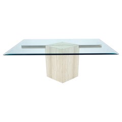 Single Marble Travertine Diamond Shape Glass Top Dining Conference Table MINT!