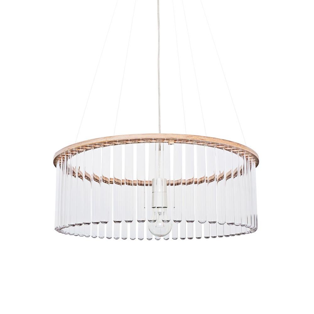 Single Maria SC Chandelier by Pani Jurek
Dimensions: D 47 x W 47 x H 110 cm 
Material: natural plywood, glass.
Available single or double, natural or black. The standard length of the lamp is 110 cm. Other lengths available on request. Please