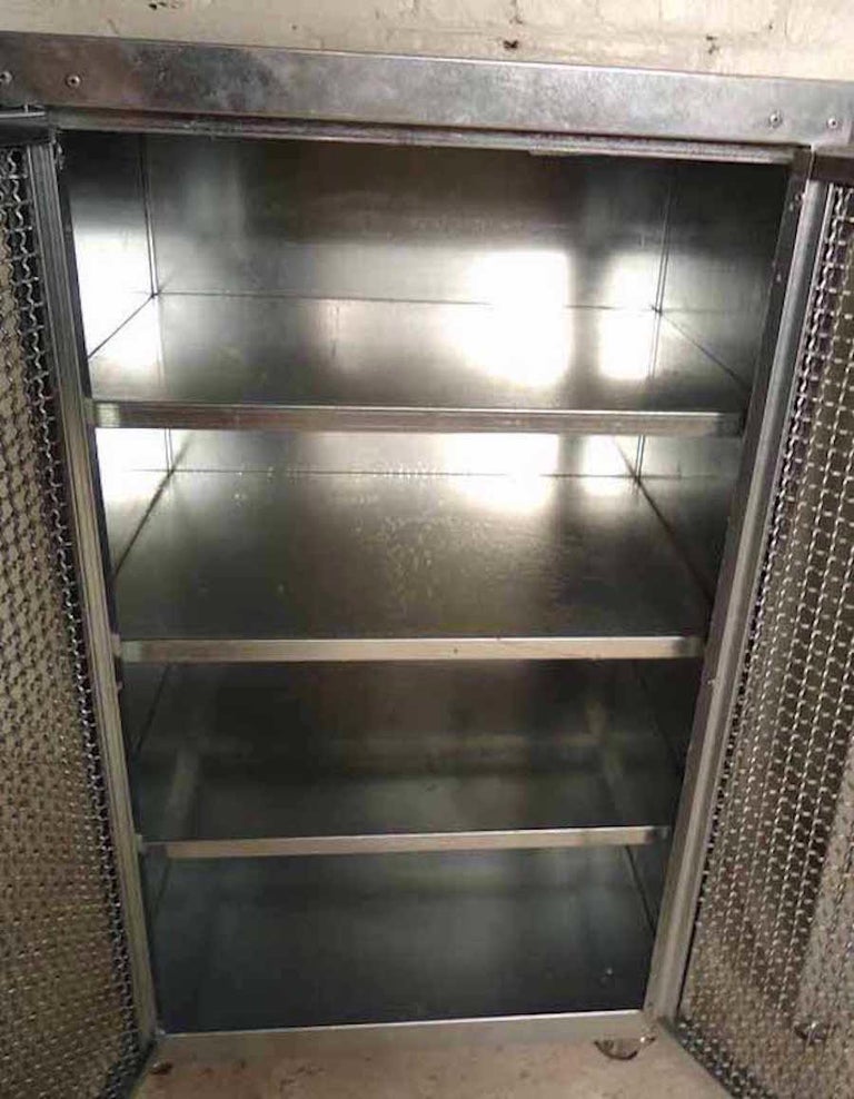 Fantastic mid-size metal storage cabinet features mesh front doors, removable shelves, on a set of caster wheels. 

 Please confirm item location (NY or NJ).