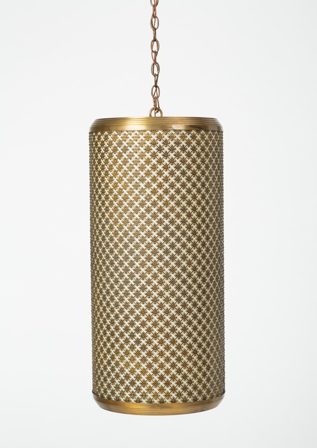 Cylindrical statement lighting from the Los Angeles-based Feldman Company. Their sculptural pieces spanned a broad spectrum of midcentury trends, including modernism, the so-called “Brutalist” aesthetic, and Hollywood Regency. This large-scale