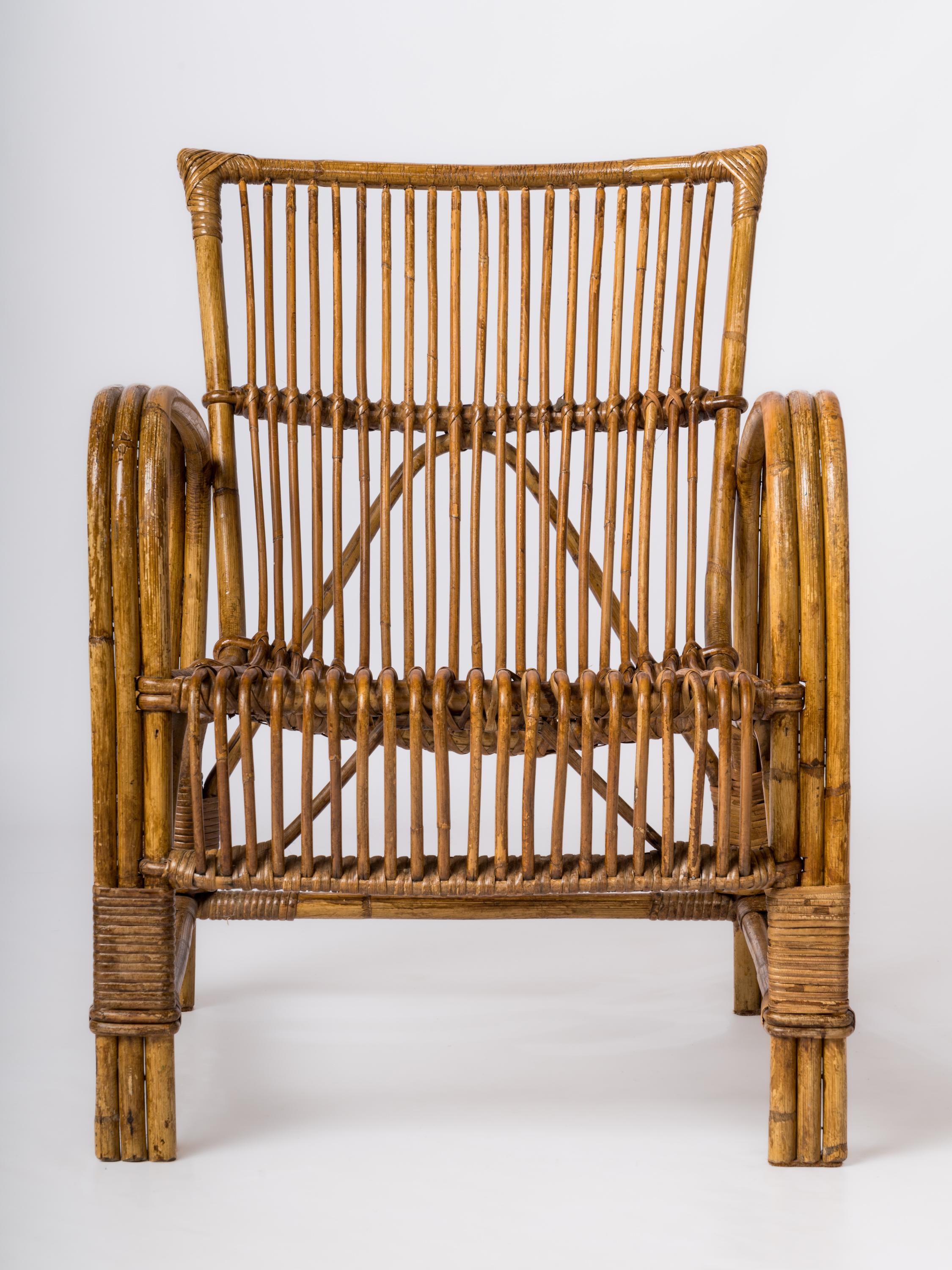 French Single Mid Century Compact Rattan Armchair - France 1960's For Sale