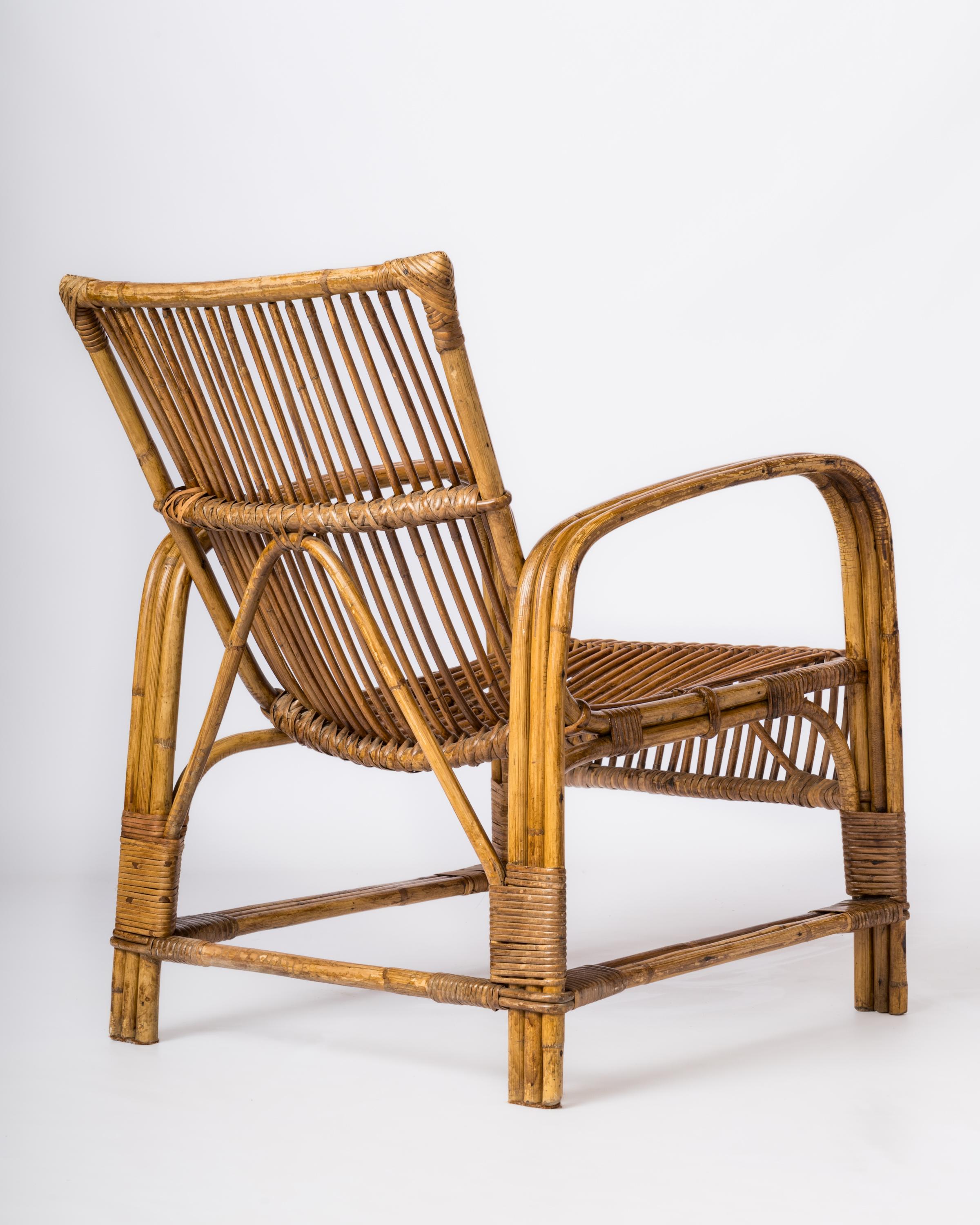 Mid-20th Century Single Mid Century Compact Rattan Armchair - France 1960's For Sale