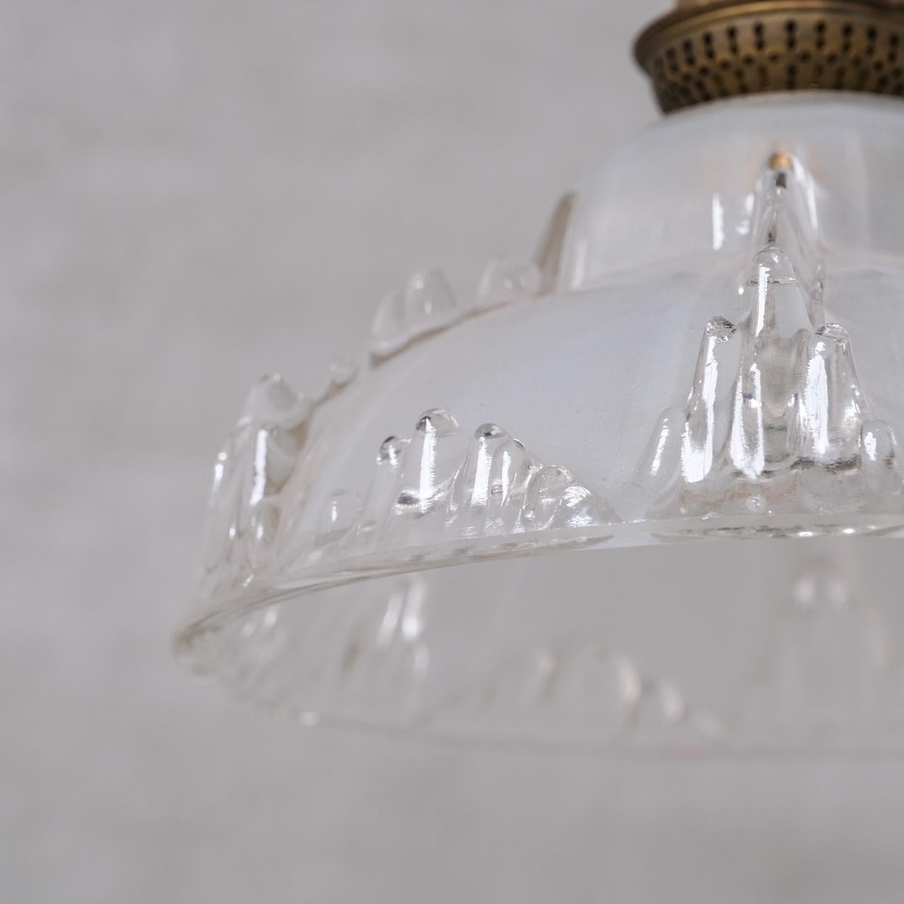 Brass Single Mid-Century 'Ice' Glass Pendant Light For Sale