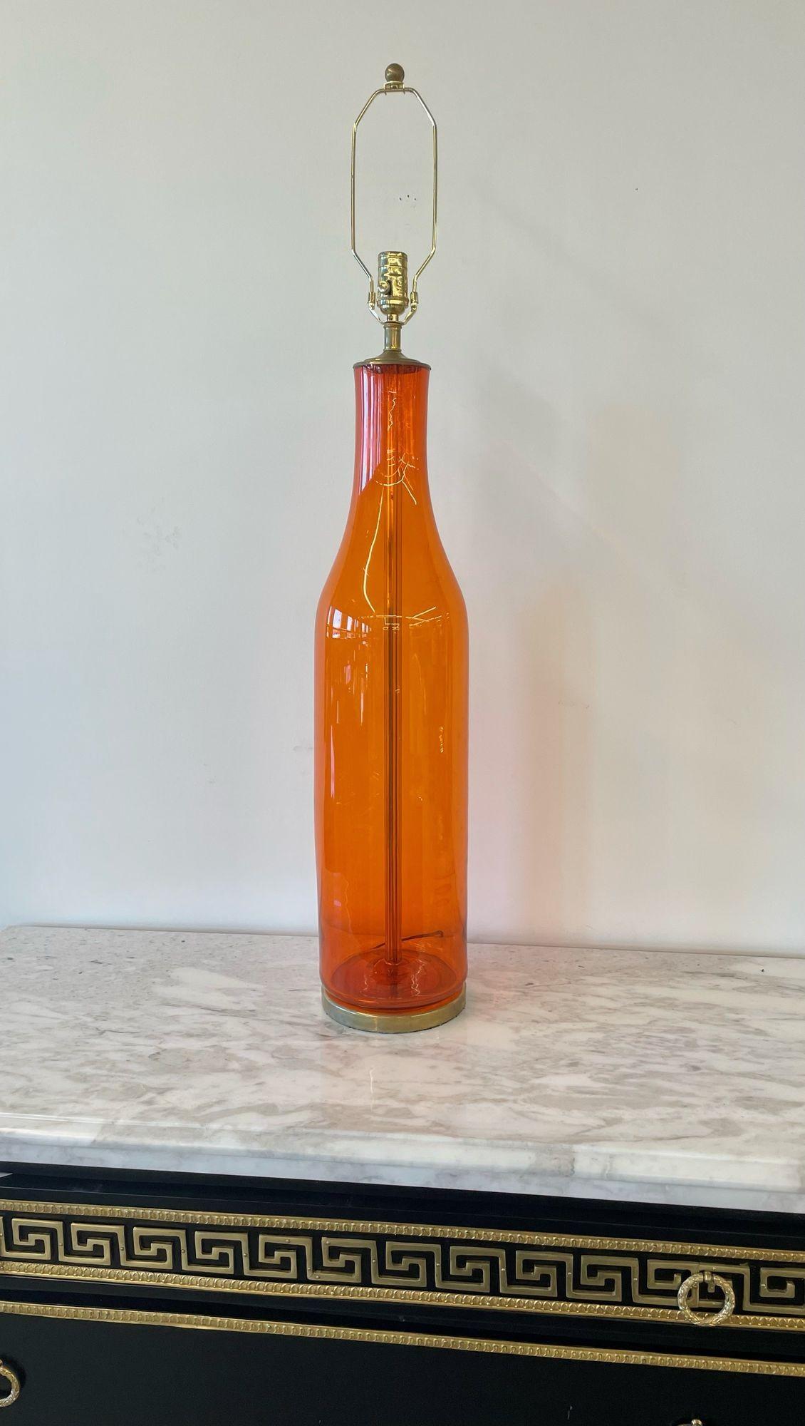 Mid-Century Modern Single Mid-Century Large Orange Blown Glass Bottle Shape Table Lamp by Blenko For Sale